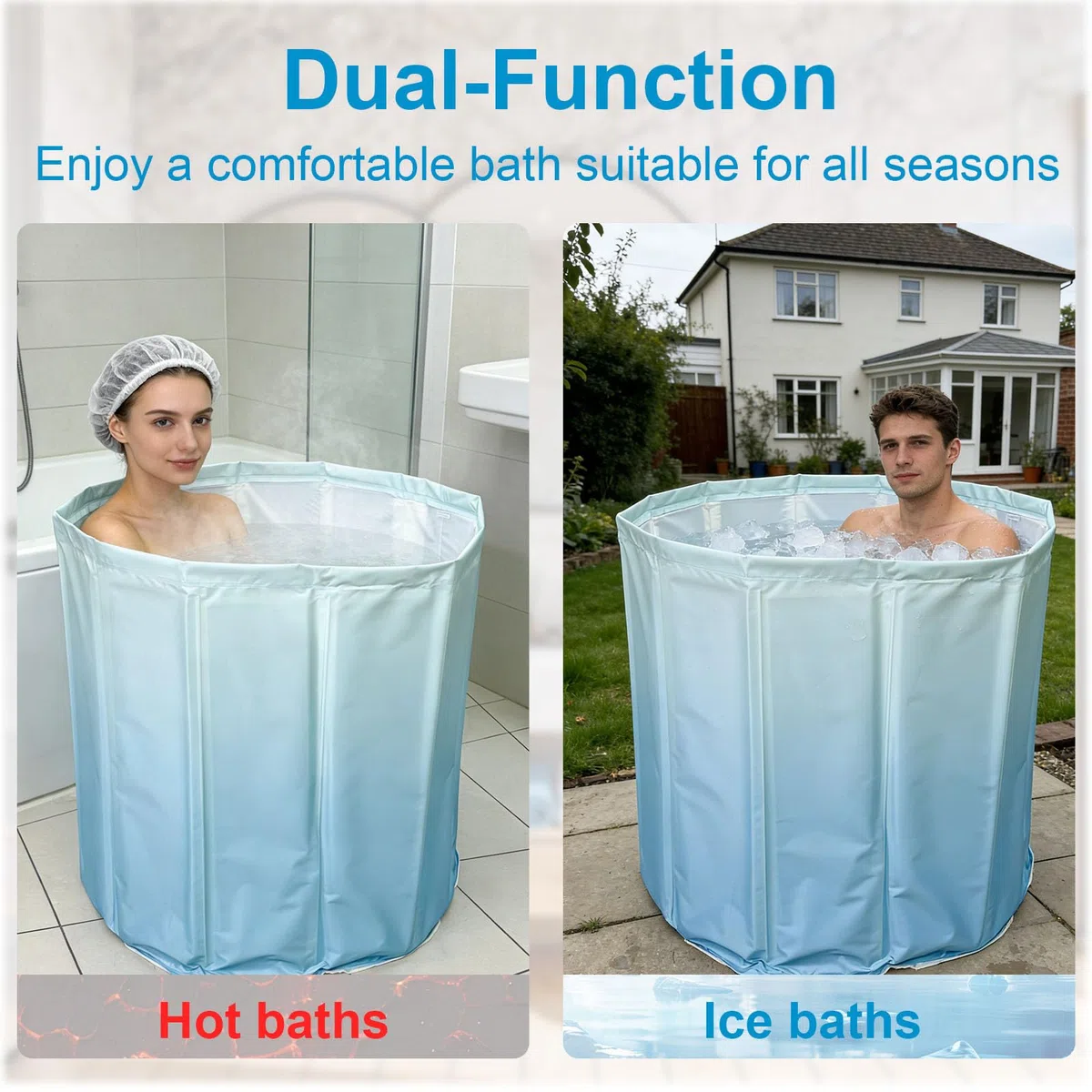 Vasca da Bagno Pieghevole 70×65 cm per Adulti – Vasca Portatile Profonda per Acqua Calda e Fredda con Tubo di Scarico e Cuscino Seduta, Vasca Pieghevole Salvaspazio