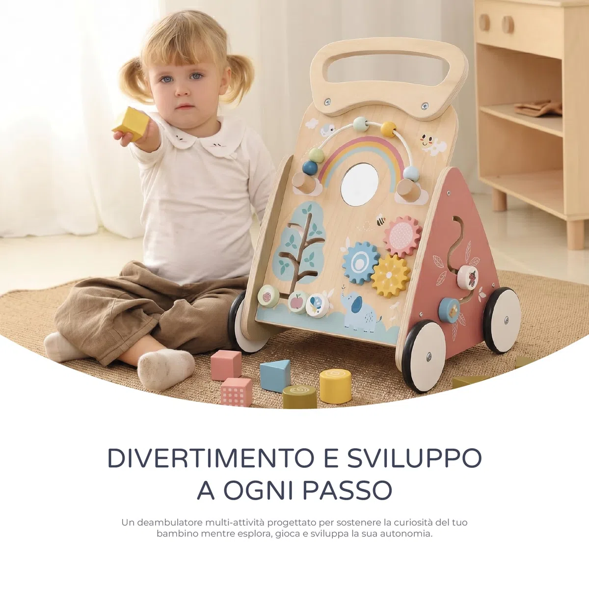 MS BabyWorld – Montessori MIMO – Primi Passi in Legno per Bambini | Carrello Primi Passi con Giochi e Attività | Per Imparare a Camminare | Da +12 Mesi
