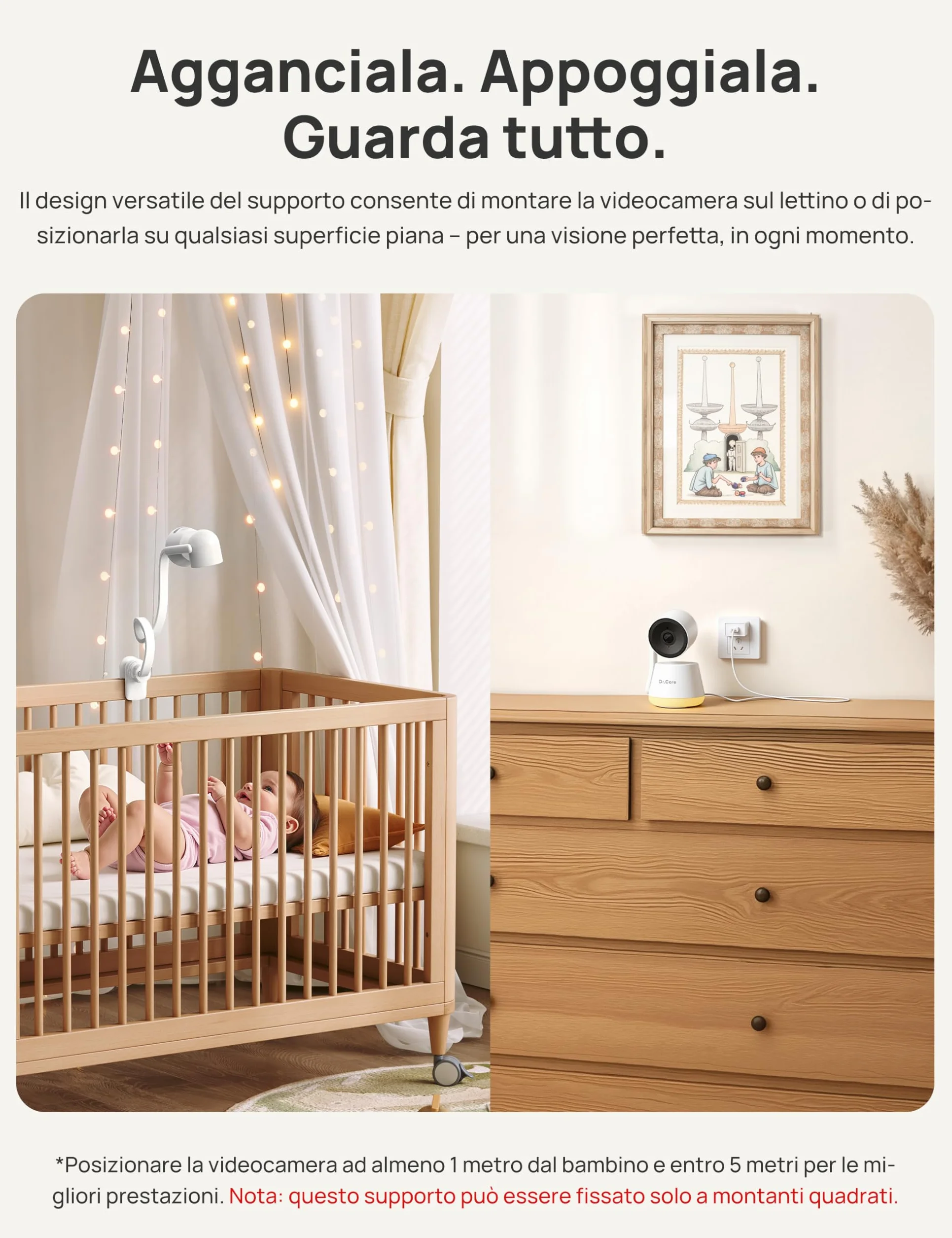 Dr.Care LumiView Baby Monitor WiFi SBM003-1080P FHD & 2K, Controllo App, Modalità Privacy, Batteria 5000mAh, Allarmi Pianto e Movimento, Luce Notturna RGB (5" monitor + 2 camere)