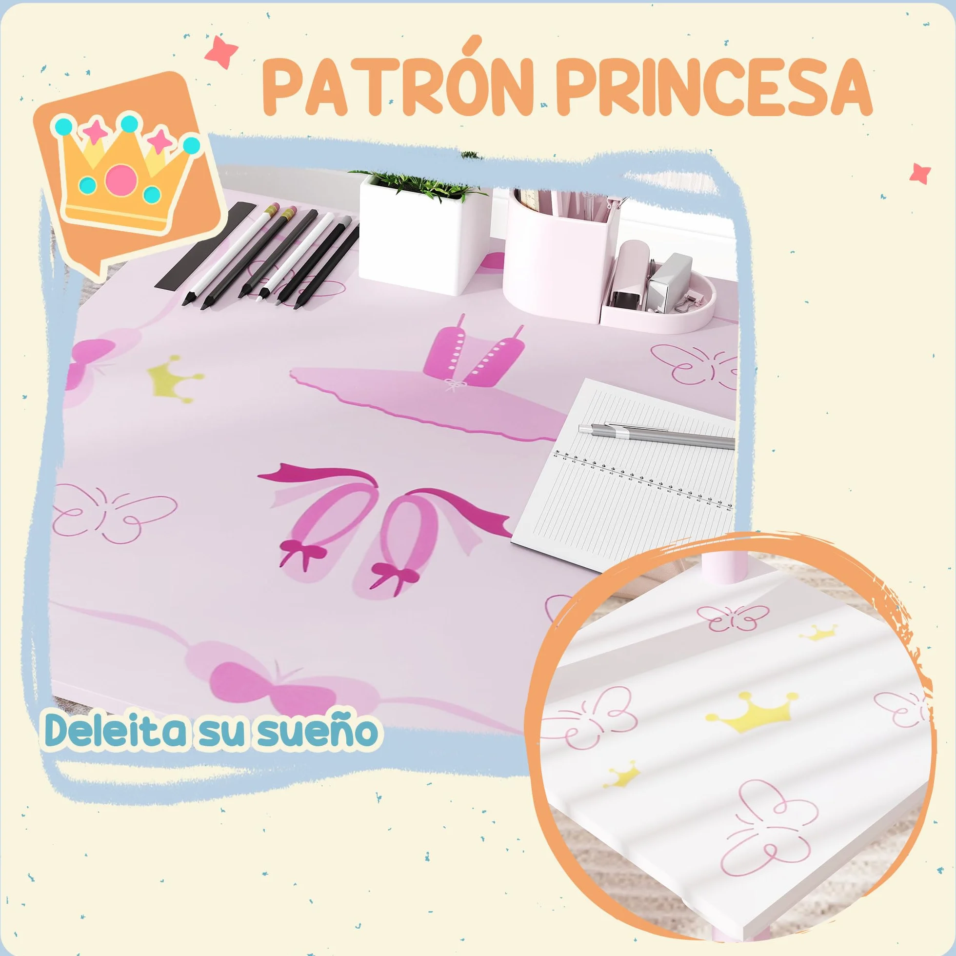 AIYAPLAY Tavolo e sedie per bambini 3 pezzi stile principessa Rosa e bianco