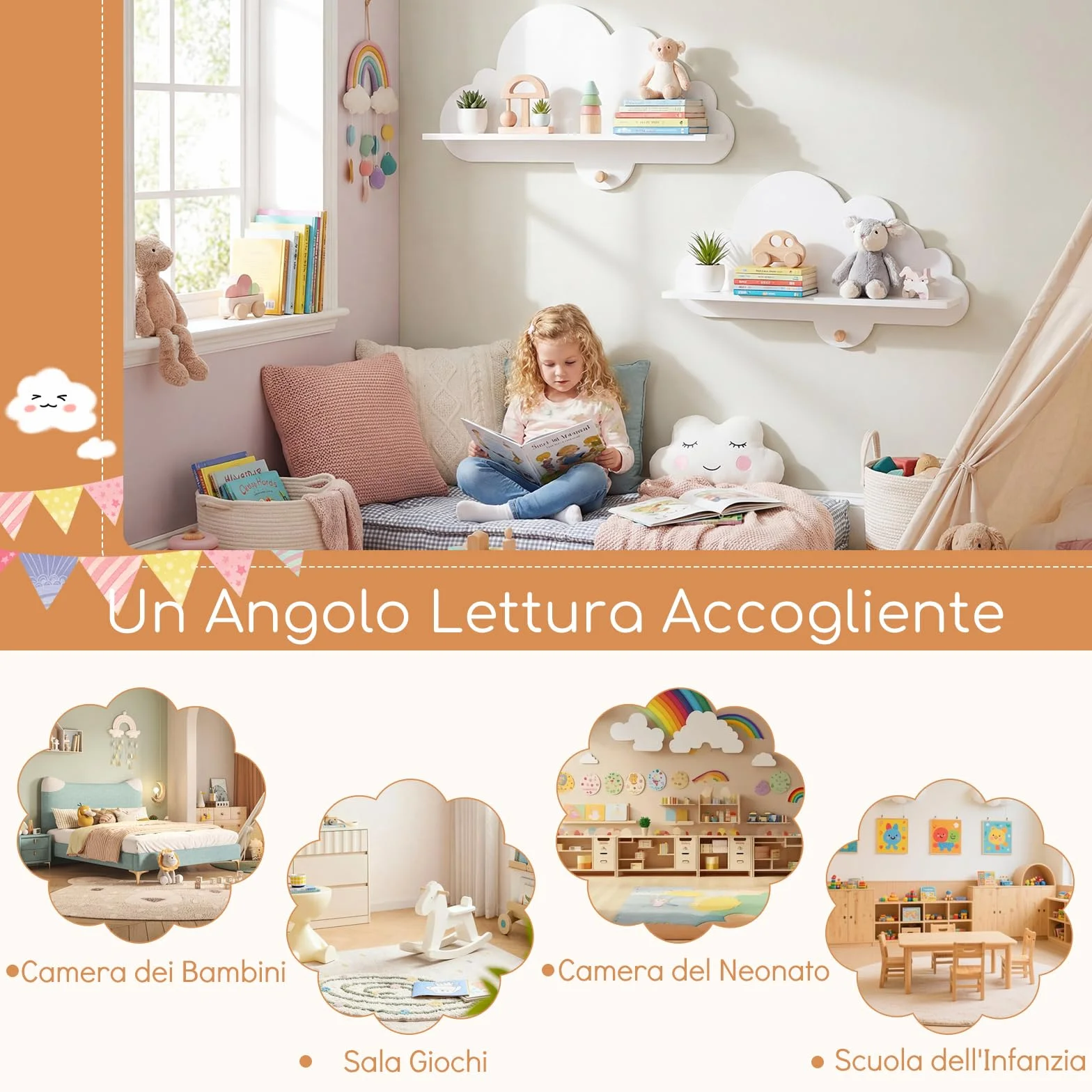 COSTWAY Set di 2 Mensole da Muro per Bambini, Libreria a Nuvole in Legno Massello con Ganci, Bianco