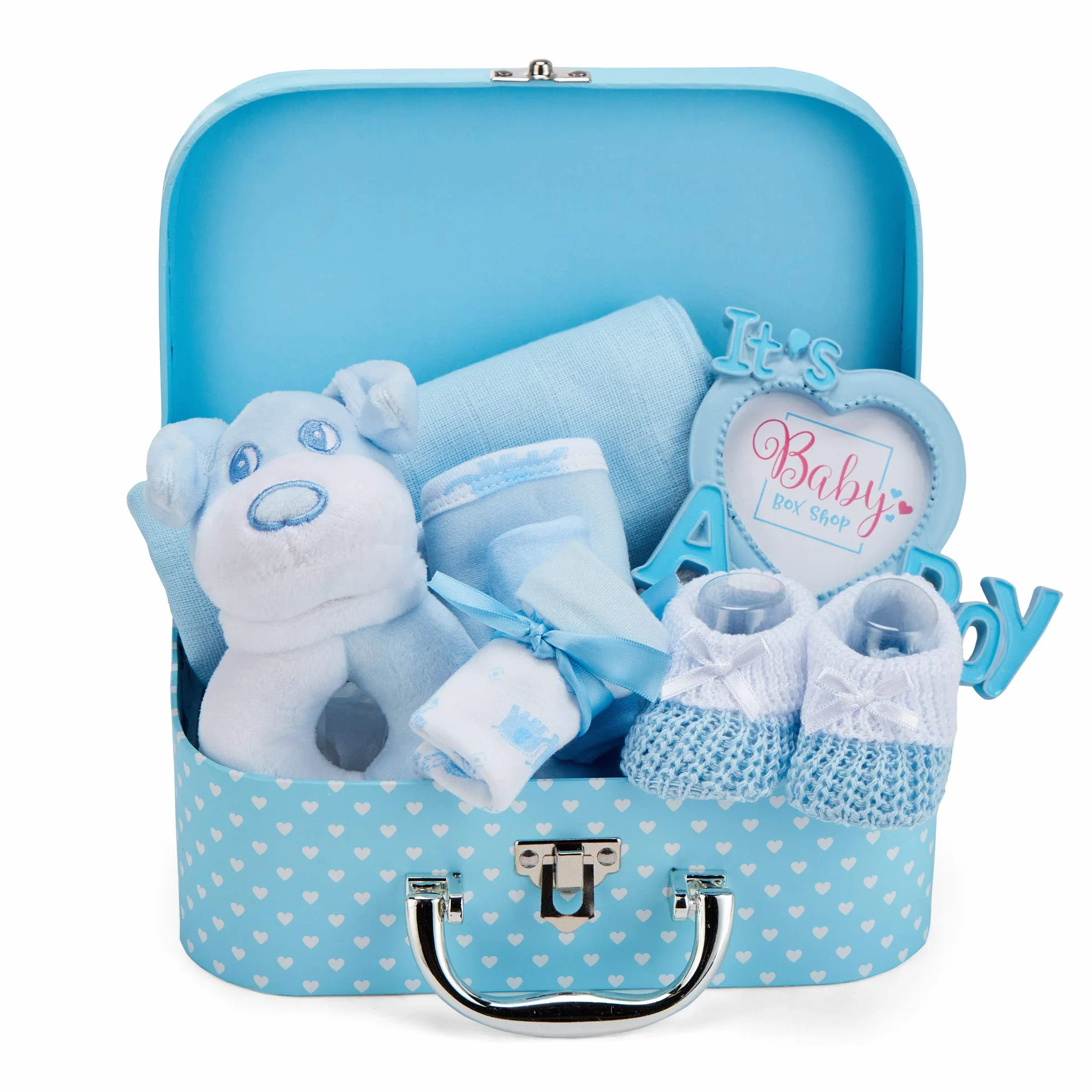 Baby Box Shop Cofanetto nascita per bambino con regali per bambini, con sonaglio per bambini, cornice portafoto in chiffon, bavaglino paio di calzini e guanti
