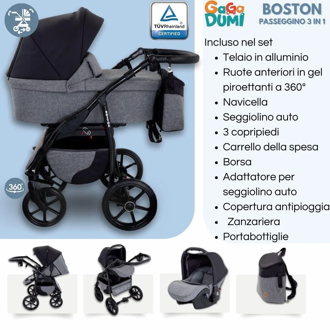GaGaDumi Boston Passeggino Trio 3 in 1 Carrozzina Passeggino Seggiolino Auto Sistema Viaggio Completo Nero