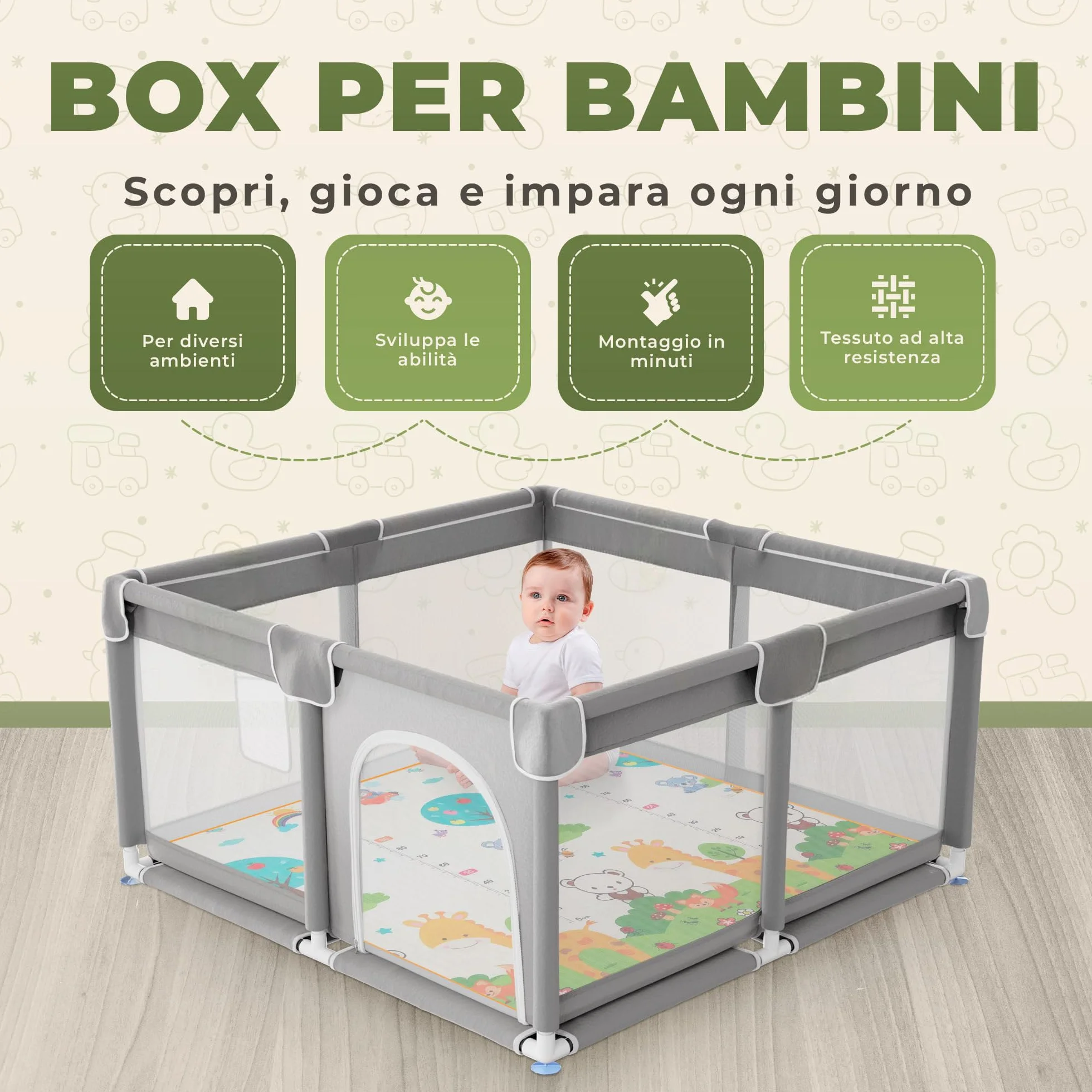 JUPPLIES Box Bambini 120×120 cm Recinto Gioco per Neonato 6-24 Mesi Rete Traspirante 360° Grigio con materassino