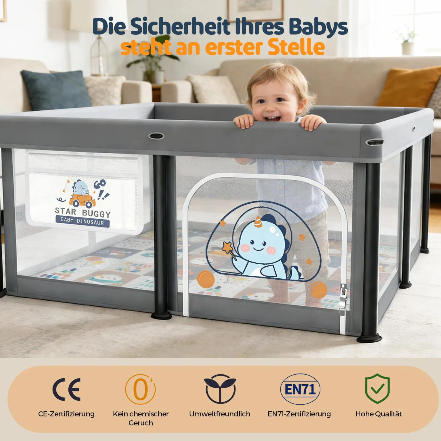 Box Bambini Pieghevole con Materasso 127×127cm, Recinto per Neonati e Bambini, Box Gioco Stabile e Sicuro per Interni ed Esterni