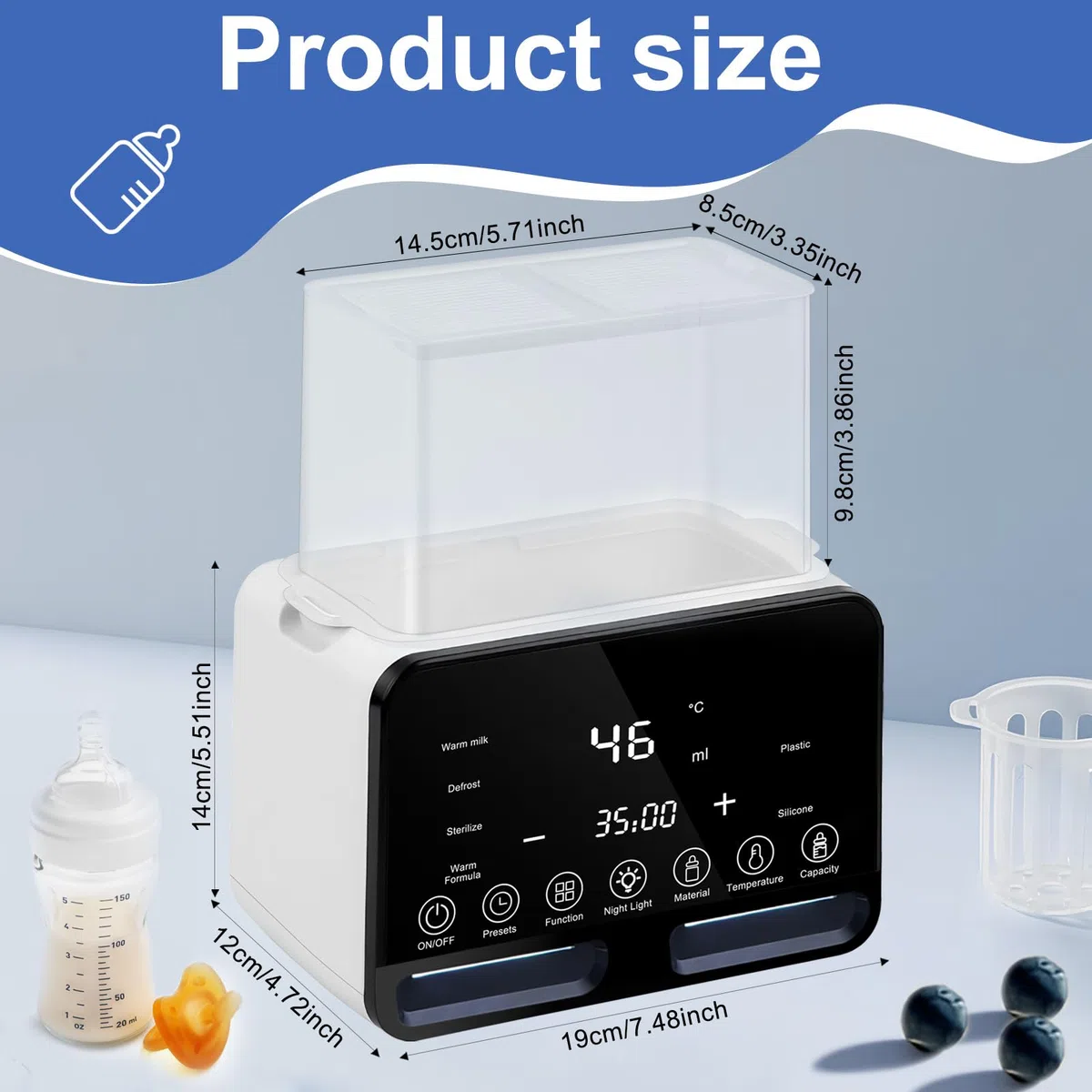 Scaldabiberon e Sterilizzatore 9-in-1, Biberon Sterilizzatore senza BPA, Riscaldamento Rapido del Latte Materno, Scongelare, Scaldabaschette per Bambini con Display LCD, Multifunzione