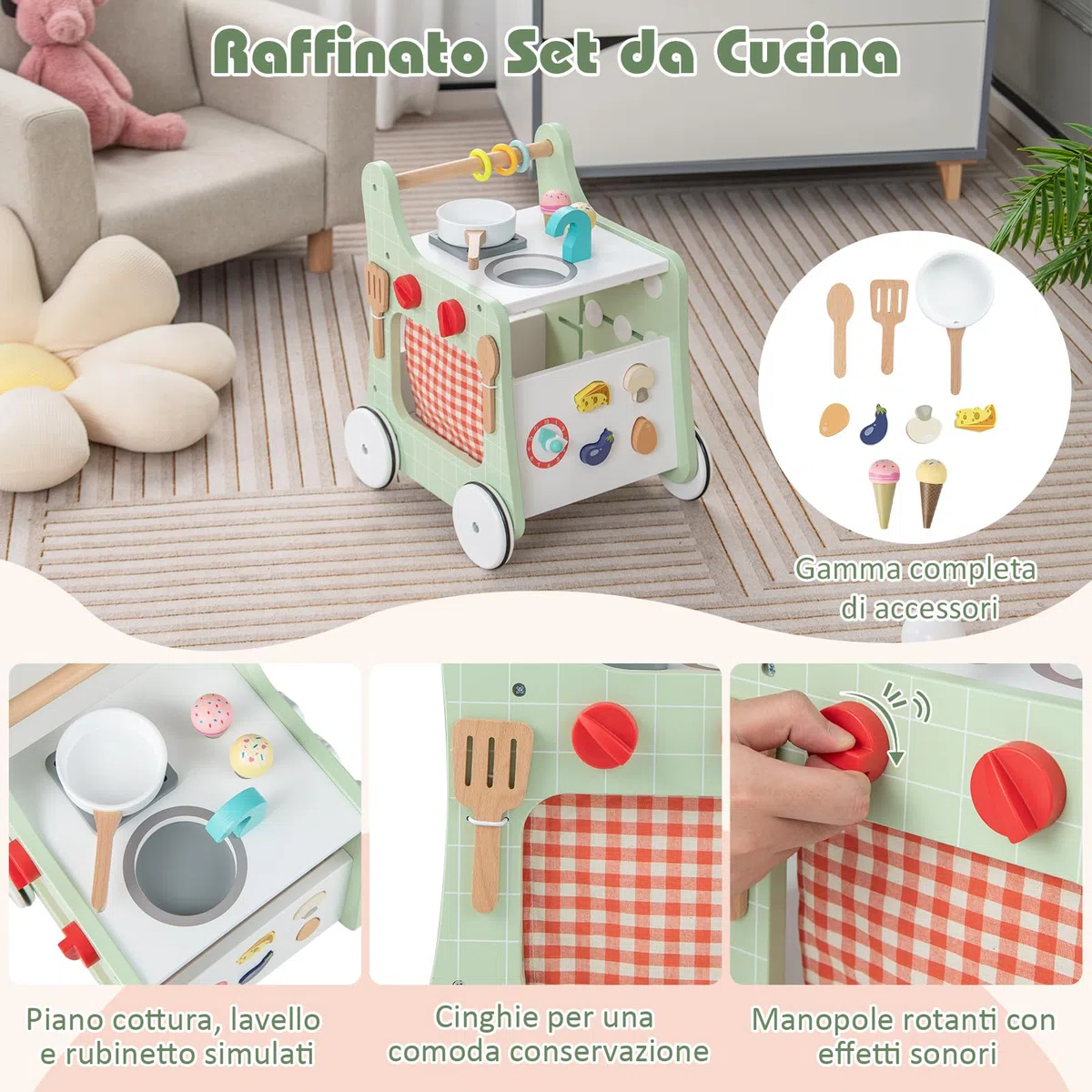 COSTWAY Carrello Primi Passi in Legno per Bambini, Centro Attività Montessori con Giacattoli, Gioco Educativo con Ruote, Girello per Bambini 12 Mesi +, 31 x 34,5 x 42 cm (Verde)