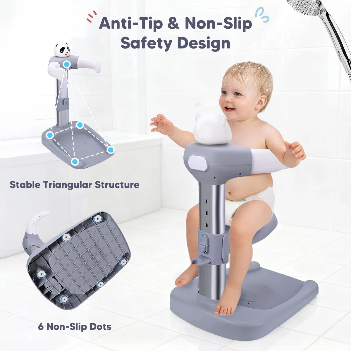 Vasca da bagno per bambini con supporto doccia, anti-schiacciamento, antiscivolo, torre doccia regolabile per bambini in piedi, supporto doccia ideale per neonati