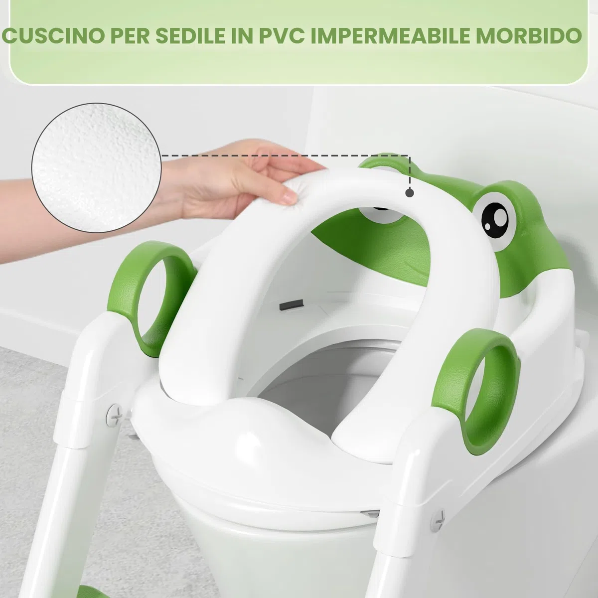 COOSEYA Riduttore Wc Bambini A Forma Di Rana,2 In 1 Vasino Con Scaletta Per Bambini Wc,Tappetino Impermeabile E Sgabello Antiscivolo,Verde