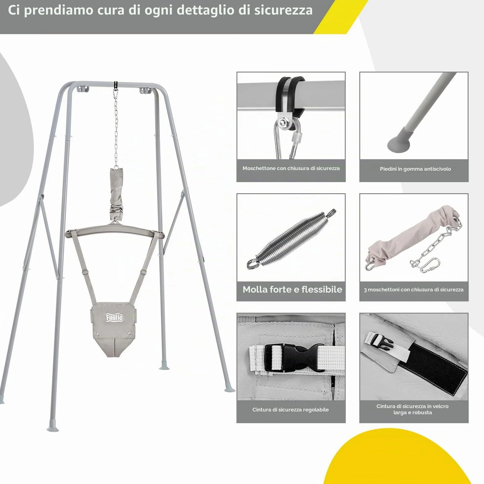 FUNLIO Altalena con Supporto per Neonati per 6-24 Mesi, Altalene Saltare Su per Bambini per Giochi Indoor/Outdoor, Maglione per Neonati/Ragazzo, con Catena Regolabile, Facile da Montare -Grigio