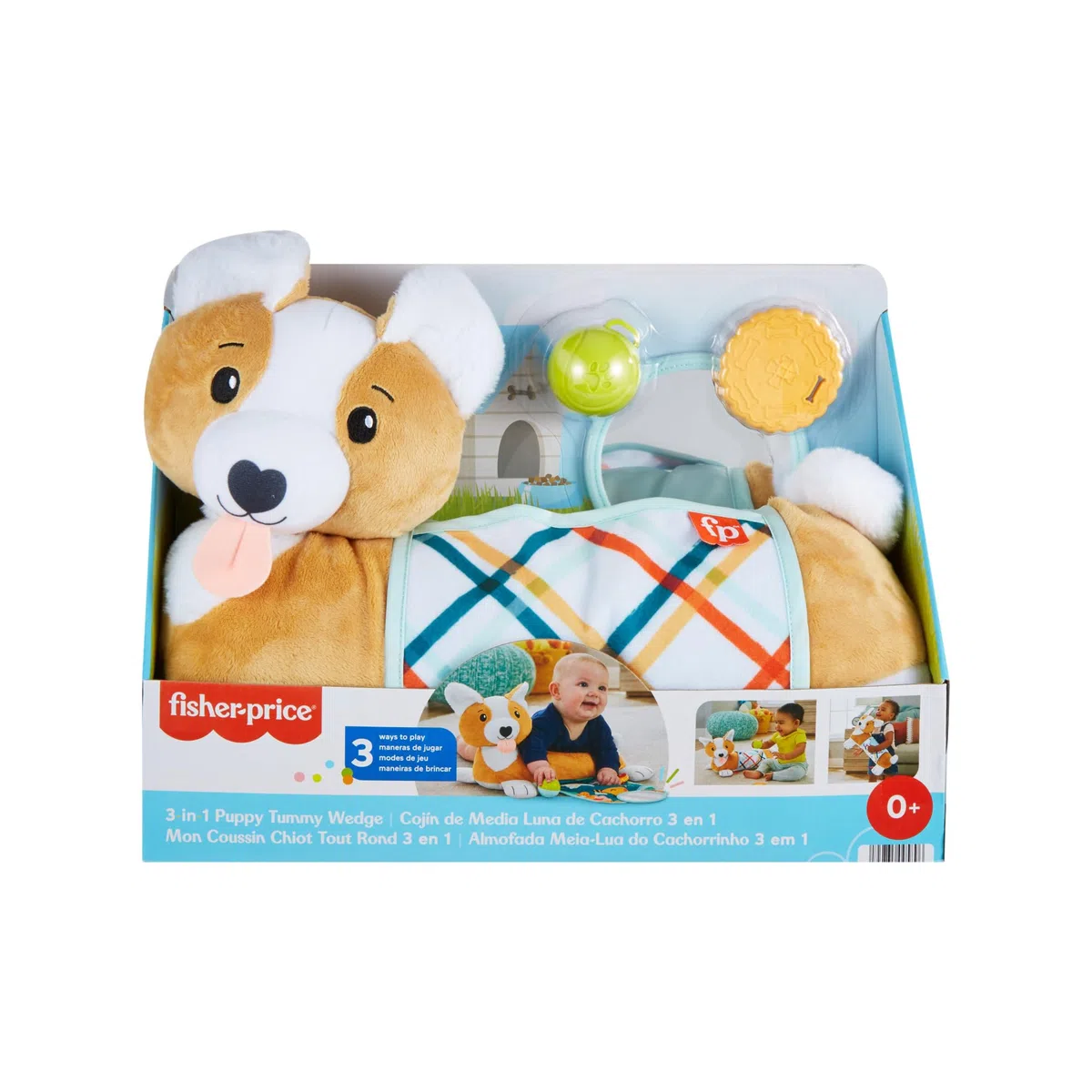 Fisher-Price - Cuscino Corgi Tummy Time 3 in 1, sostiene Il Bambino in 3 Modi Durante Ogni Fase della Crescita: disteso, Seduto, per Gioco di Ruolo; con 1 specchietto e sonaglino Senza BPA, HJW10