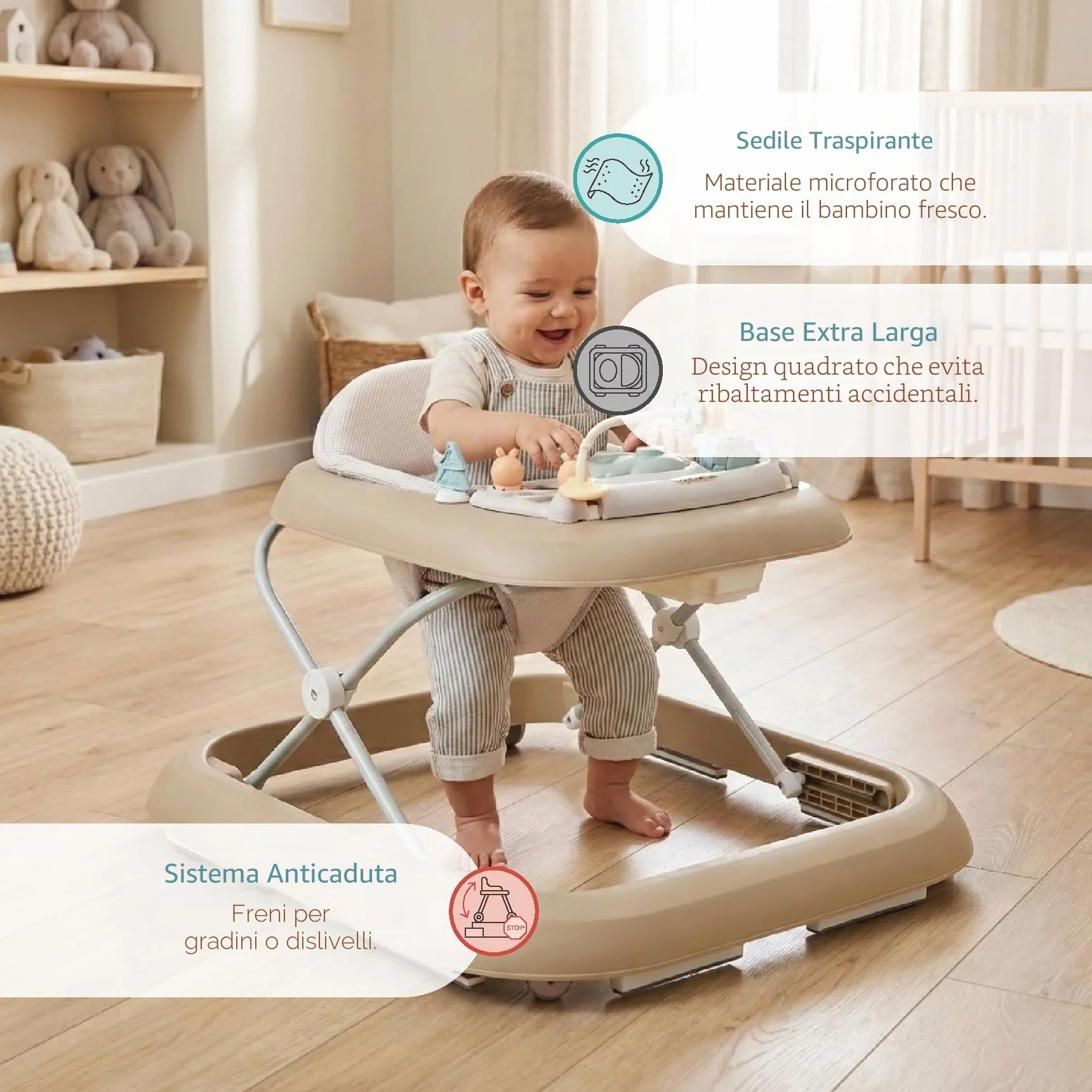 Buddy Baby FUNNY - Deambulatore per bambini + 6 mesi con base antiribaltamento - Include Vassoio con Suoni e Giochi - Pieghevole compatto, altezza regolabile e ruote girevoli a 360° (Sabbia)