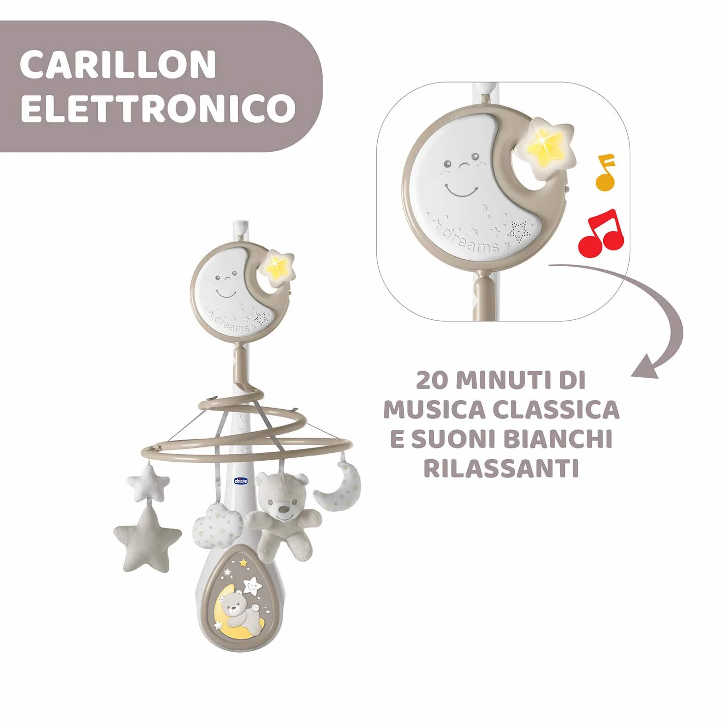 Chicco Next2Dreams Giostrina Neonato 3in1 z Carillon Elettronico dla Culla i Łóżeczka, Kompatybilna z Chicco Next2Me, Efekty Dźwiękowe, Projektor Światła, Muzyka 0+ Miesięcy