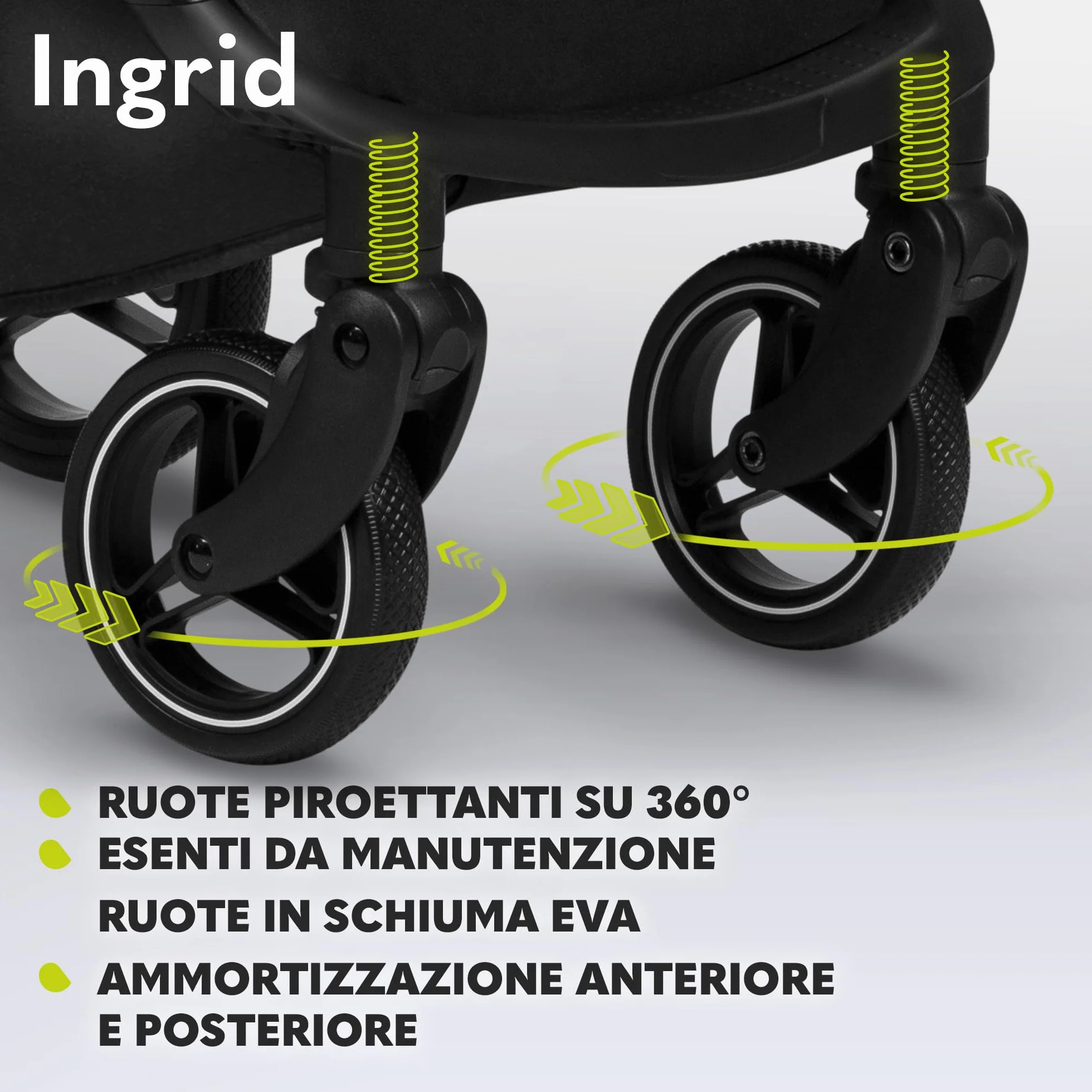 LIONELO INGRID Passeggino leggero per bambini 6 mesi 4 anni 22kg Grandi ruote 360° Schiuma EVA Assorbimento Pieghevole Schienale poggiapiedi regolabili