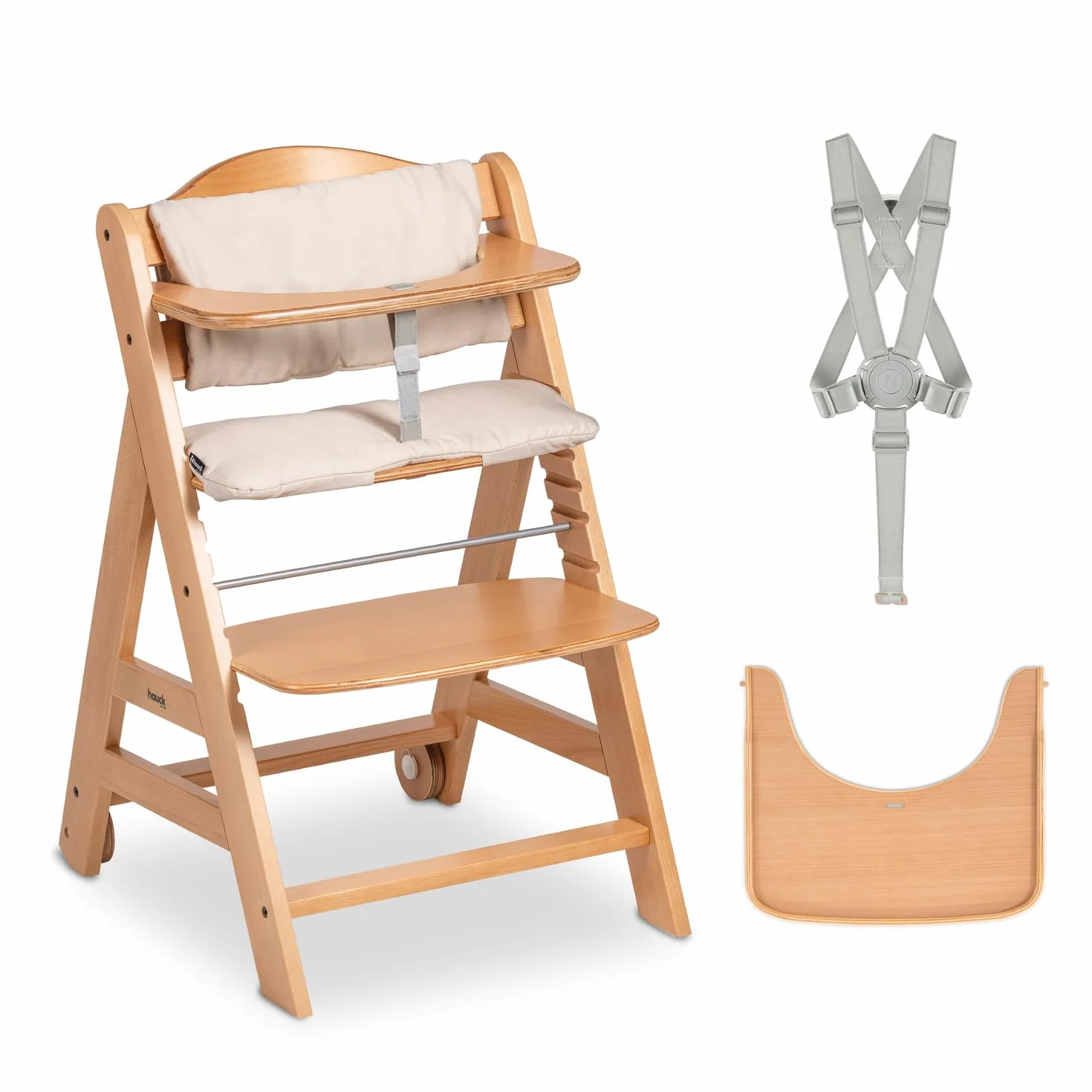 Hauck Beta+ Naturale Seggiolone Pappa con Ruote, Vassoio, Barra Protettiva, Cuscino di Seduta, Cintura a 5 Punti - Legno di Faggio 6 Mesi 90 kg