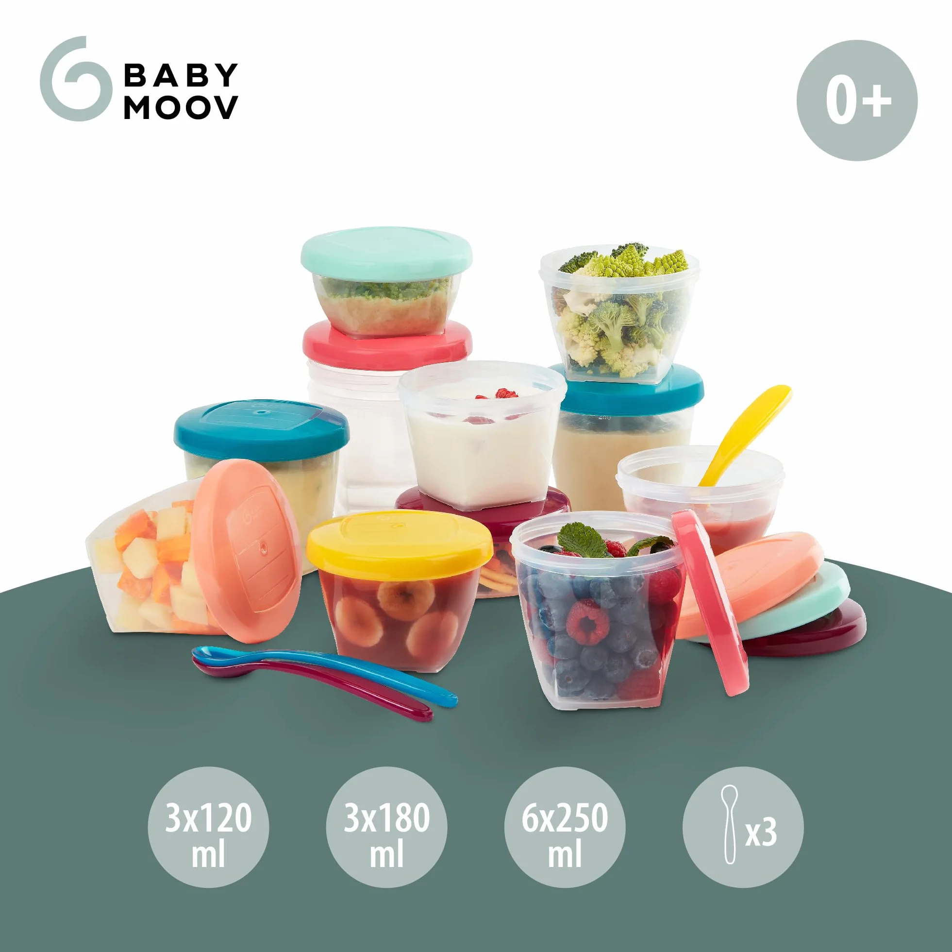 Babymoov Babybols Multi Set Vasetti Ermetici Conservazione Pappe 3x120ml 3x180ml 6x250ml 3 Cucchiai flessibili