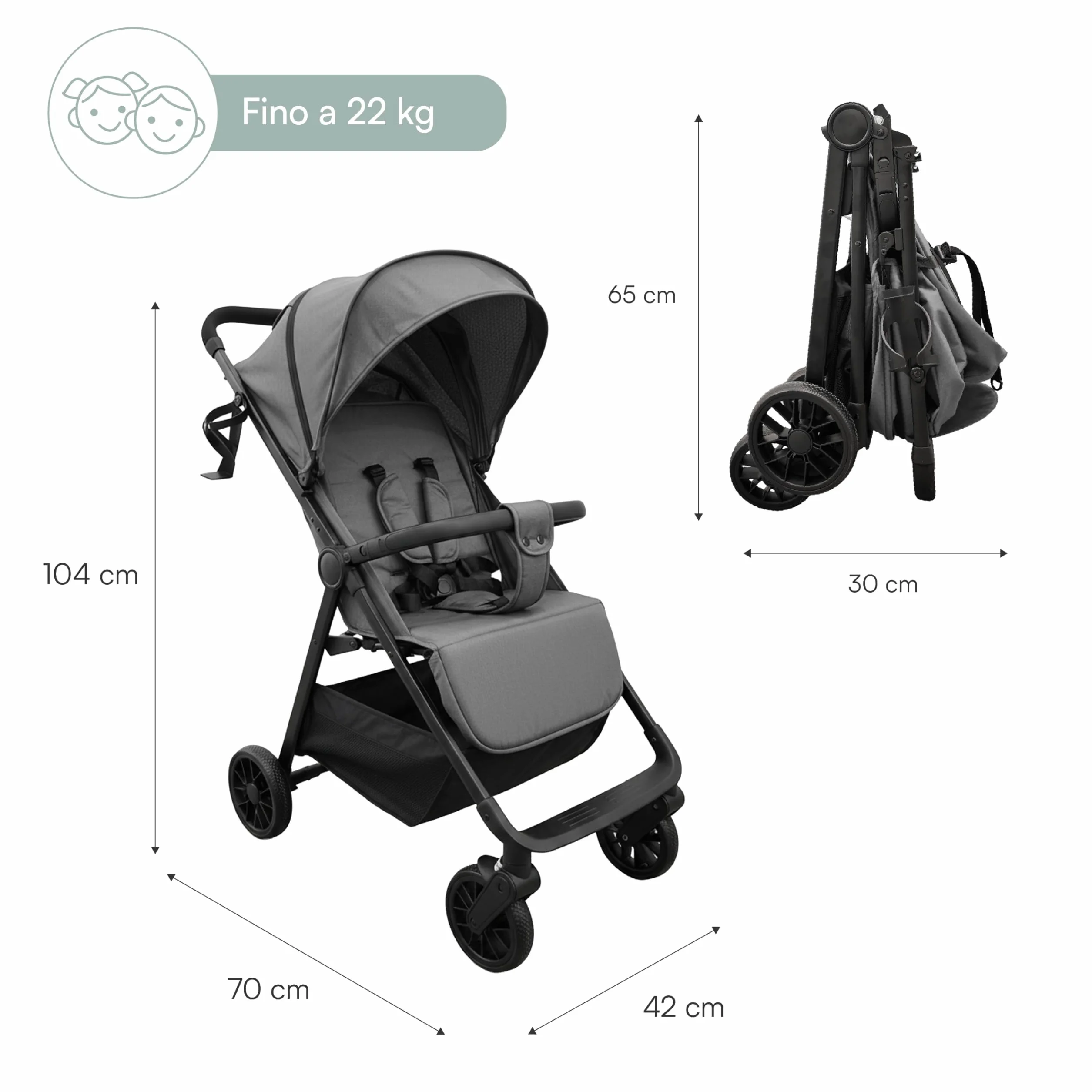 Passeggino Leggero Richiudibile 22 kg, Chiusura Salvaspazio, Schienale Reclinabile, Cappotte Estensibile, Cintura 5 Punti, Cesto Tasca Portaoggetti Grigio