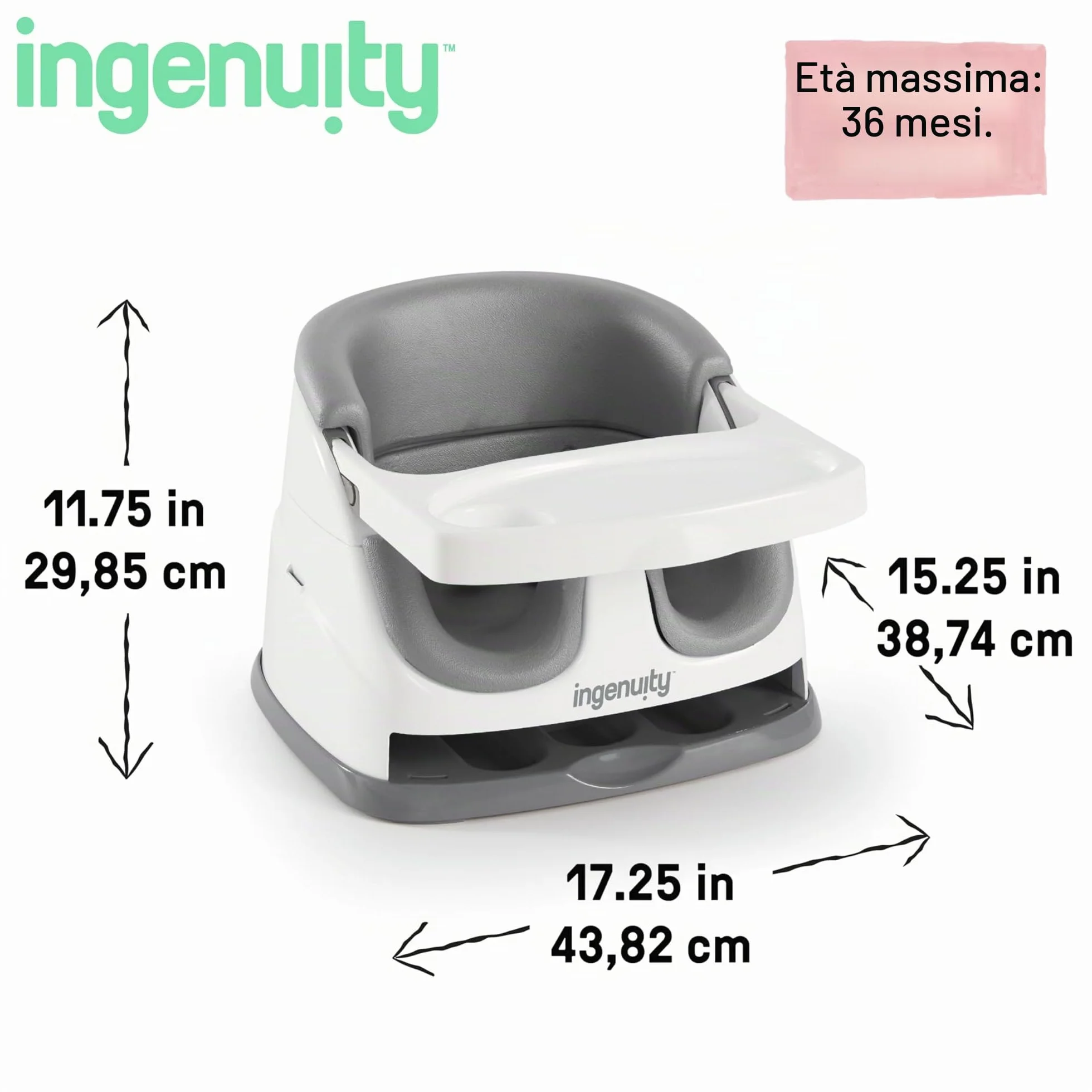 Ingenuity Baby Base 2-in-1 Rialzo da Sedia e Seggiolino per alimentazione con vassoio autoportante - Ardesia