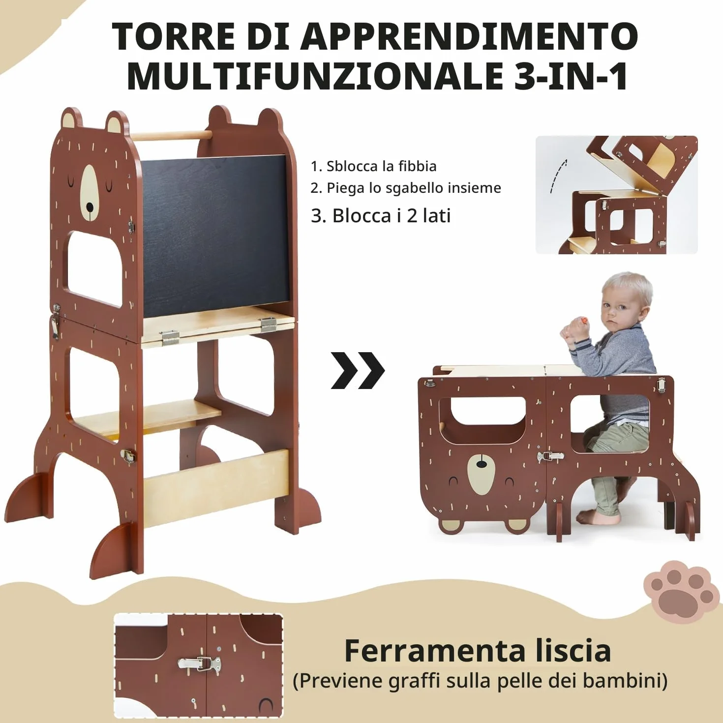 Labebe Torre Montessoriana Pieghevole in Legno 3 w 1 z Lavagna Orso Bruno