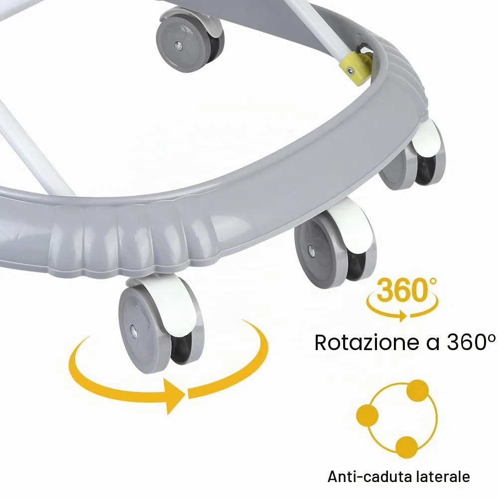 Girello 4 in 1, girello pieghevole per bambini con vassoio di gioco interattivo con suoni, base anti-ribaltamento, deambulatore ruote in silicone e 4 posizioni di altezza, da 6 a 18 mesi (grigio-67 x
