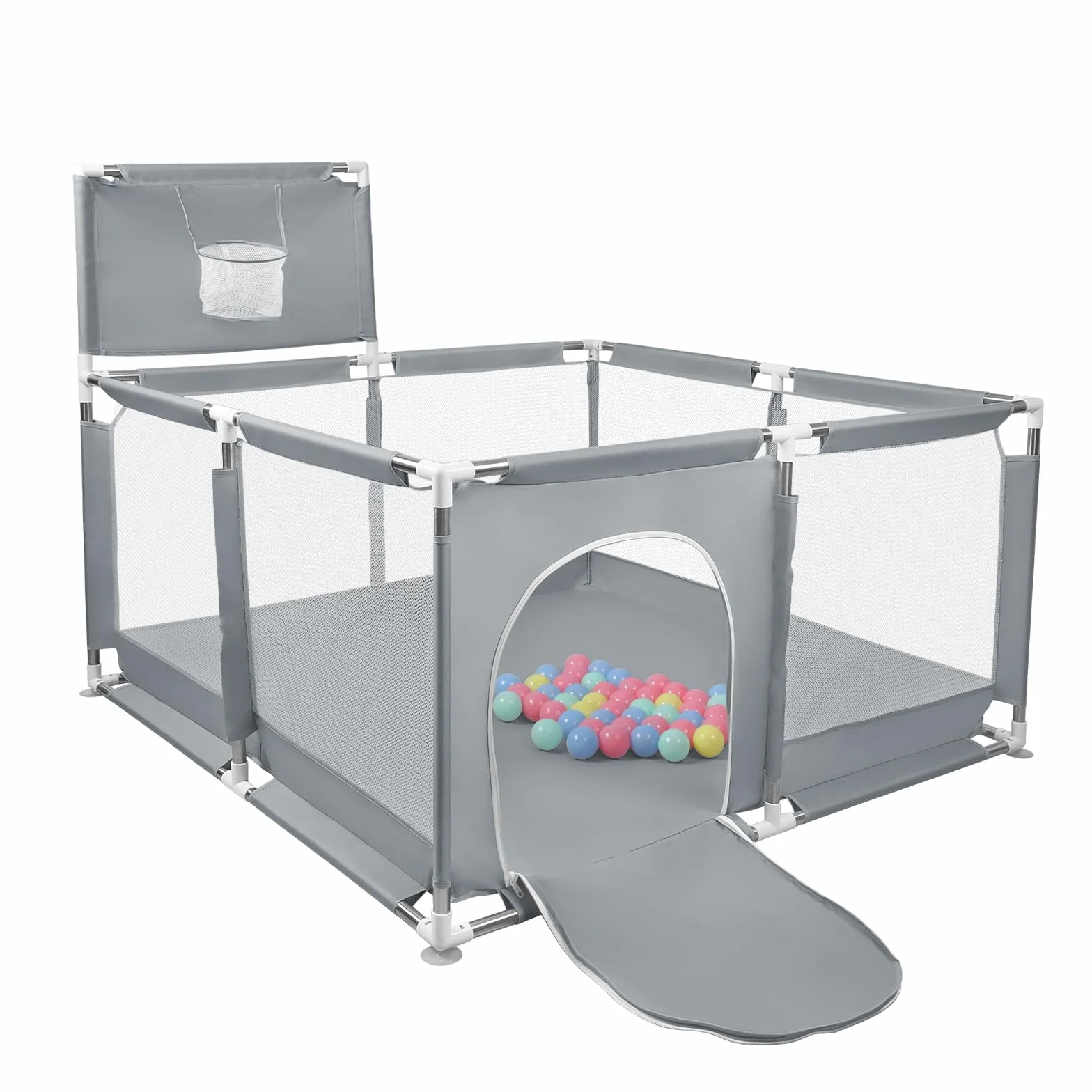 Box per Bambini, Recinto per Bambini Pieghevole in Tessuto Oxford con Rete Traspirante, Box per Neonati con Giochi che Include 50 Palline (126 x 126 x 66 cm, grigio scuro)
