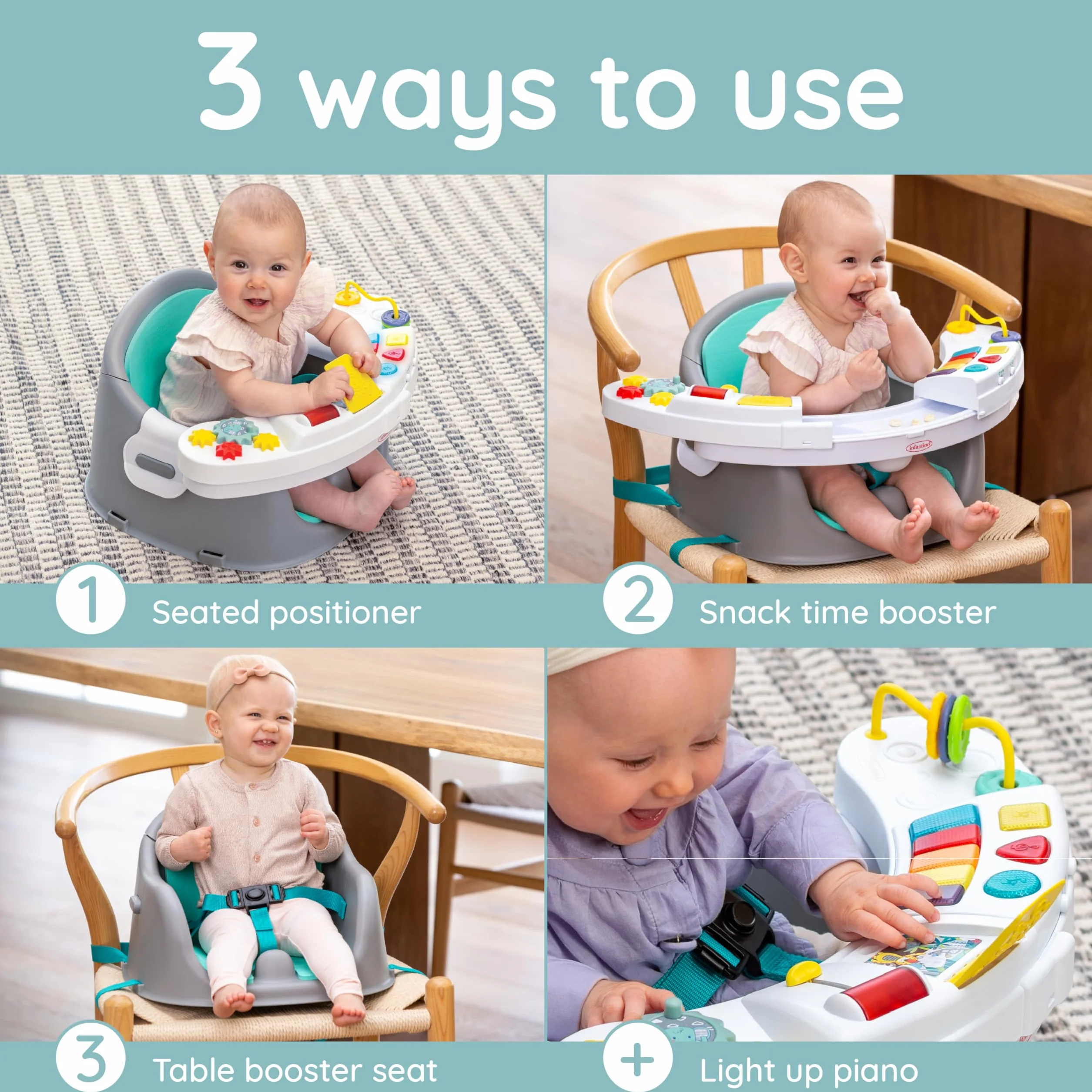 INFANTINO Seggiolino Multiattività 3 In 1 Convertibile Seduta Rialzo Sedile Con Pianoforte Giochi Rimovibili