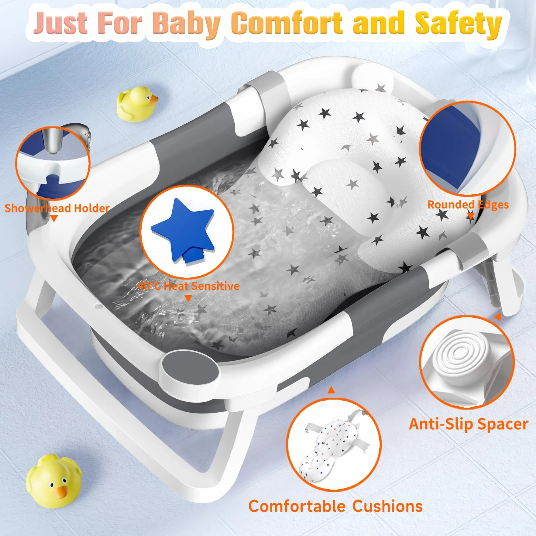 Vaschetta Bagnetto Neonato Pieghevole, Vasca per Bambini Portatile con Tappetino Antiscivolo e Foro di Scarico,Nessun Termometro,Grigio