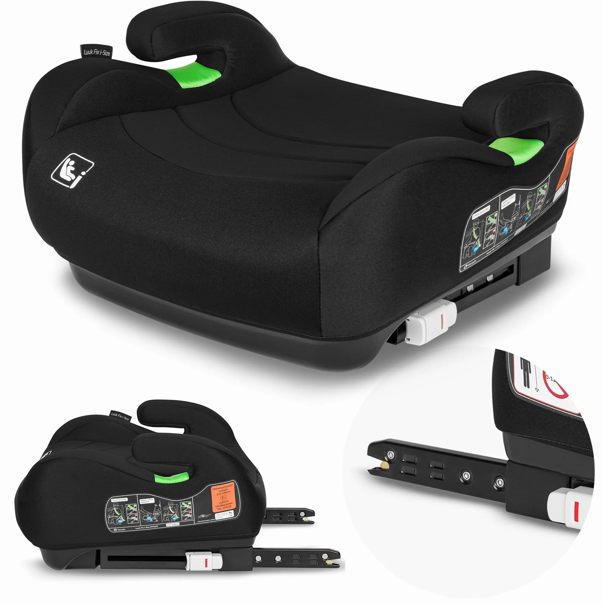 LIONELO Rialzo Auto per bambini LUUK FIX I-Size, Facile Installazione ISOFIX o/e cintura, 125-150 cm 22-36kg Leggero, Comodo, Indicatori, Schiuma Adattiva, Traspirante Lavabile, Car Booster, Braccioli