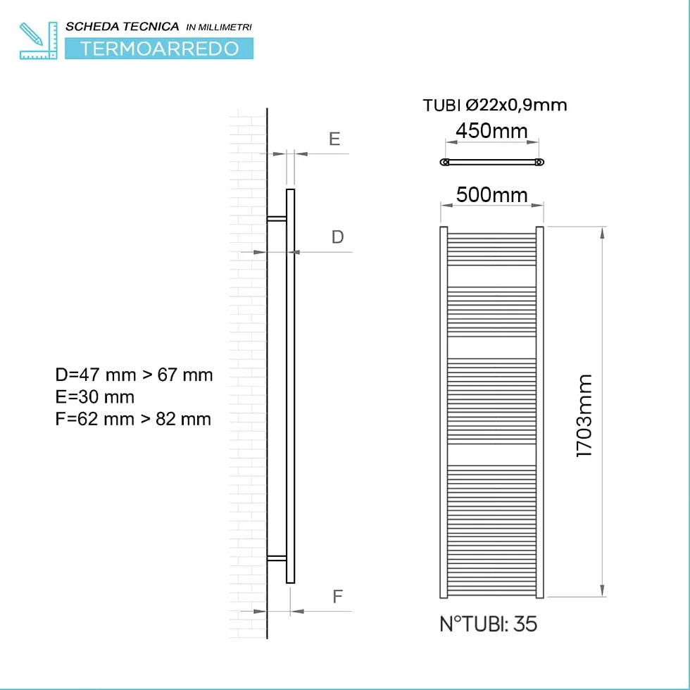 Termoarredo scaldasalviette 500x1703 interasse 45 cm acciaio nero opaco 25 tubi 22 mm