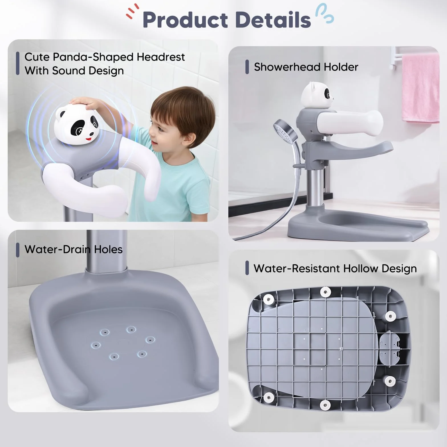 Vasca da bagno per bambini con supporto doccia, anti-schiacciamento, antiscivolo, torre doccia regolabile per bambini in piedi, supporto doccia ideale per neonati