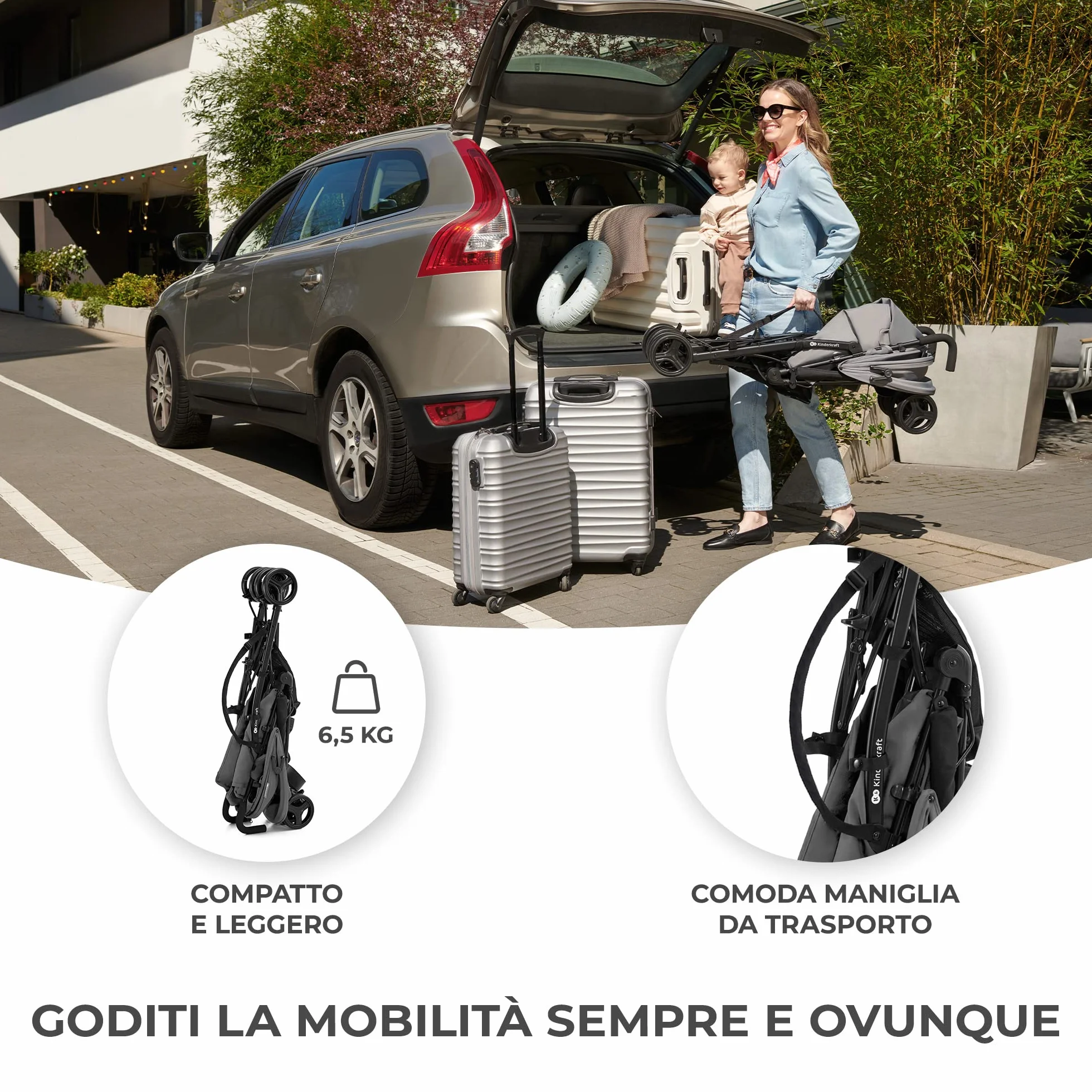 Kinderkraft TIK Passeggino Leggero e Compatto 6,5 kg, Pieghevole, Reclinabile, fino a 15 kg, Grigio