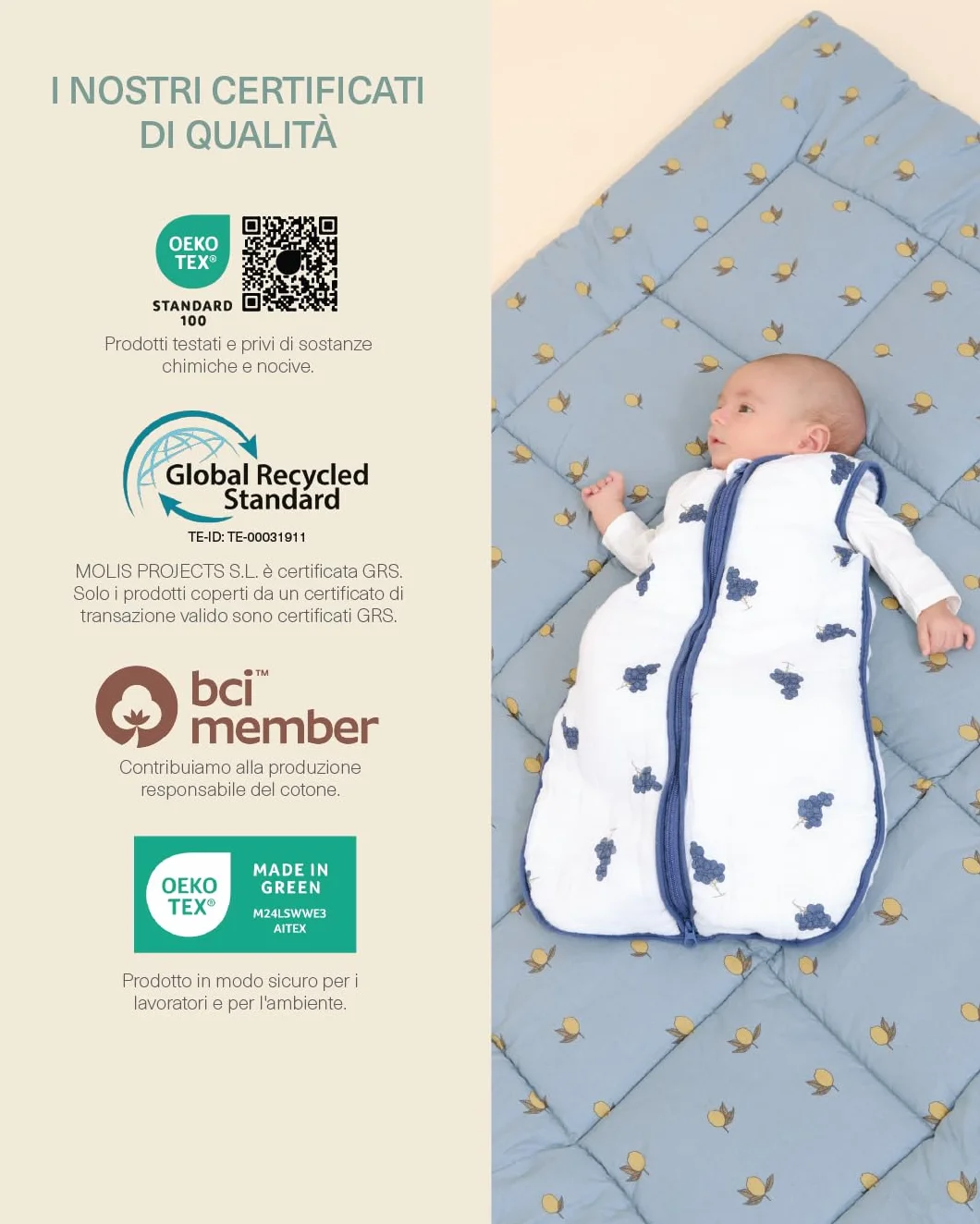 molis&co - Tappeto Gioco Bambini e Neonati 120x120x5cm - Tappeto Morbido Bambini - Tappeto Gioco Neonato Pieghevole, Reversibile e Lavabile - 100% Cotone (OEKO-TEX 100) - Colima