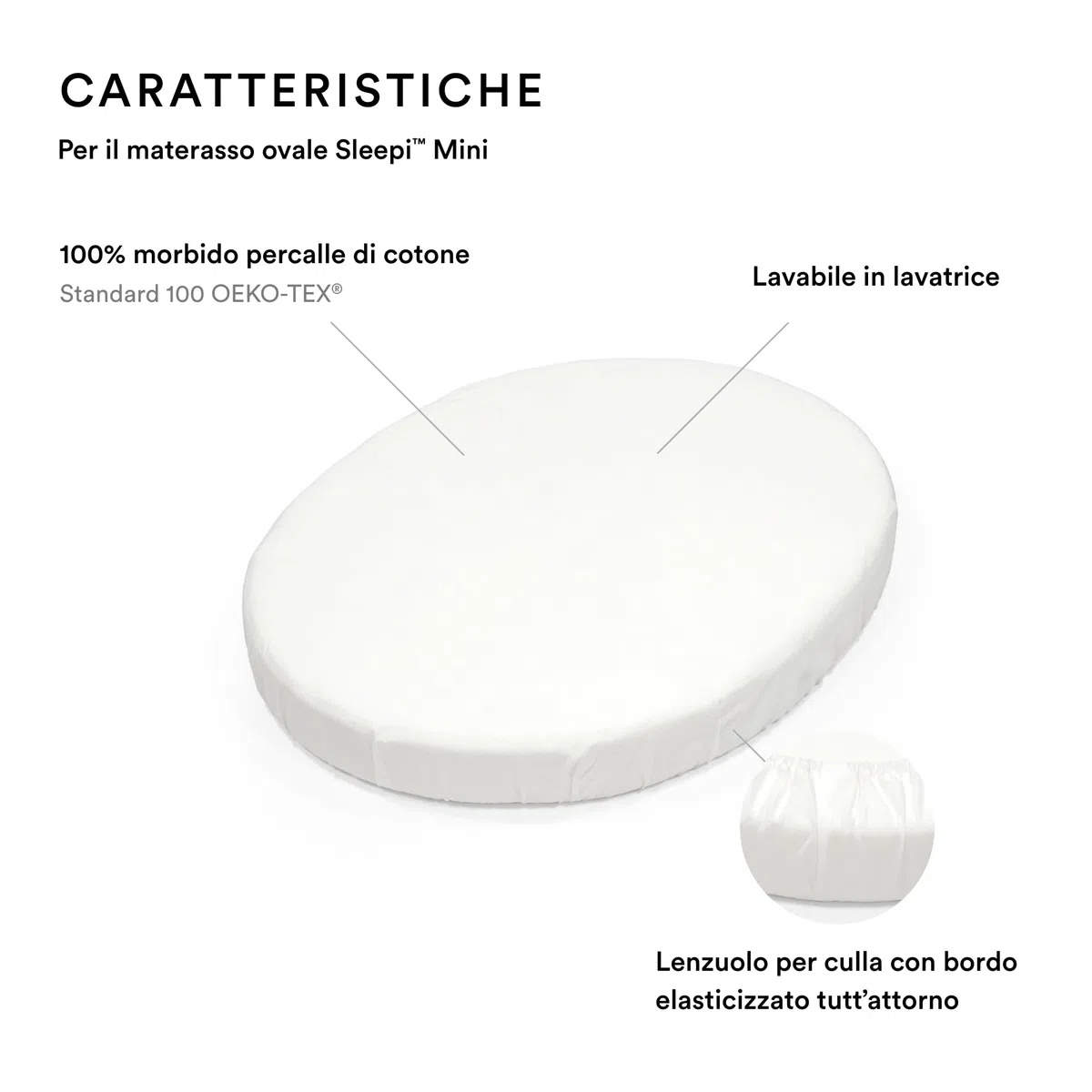 Stokke Lenzuolo sotto Sleepi Mini, Bianco - Morbide lenzuola per sogni dolcissimi - Per il materasso ovale Sleepi Mini - Sicuro, elegante e lavabile - 100% morbido percalle di cotone