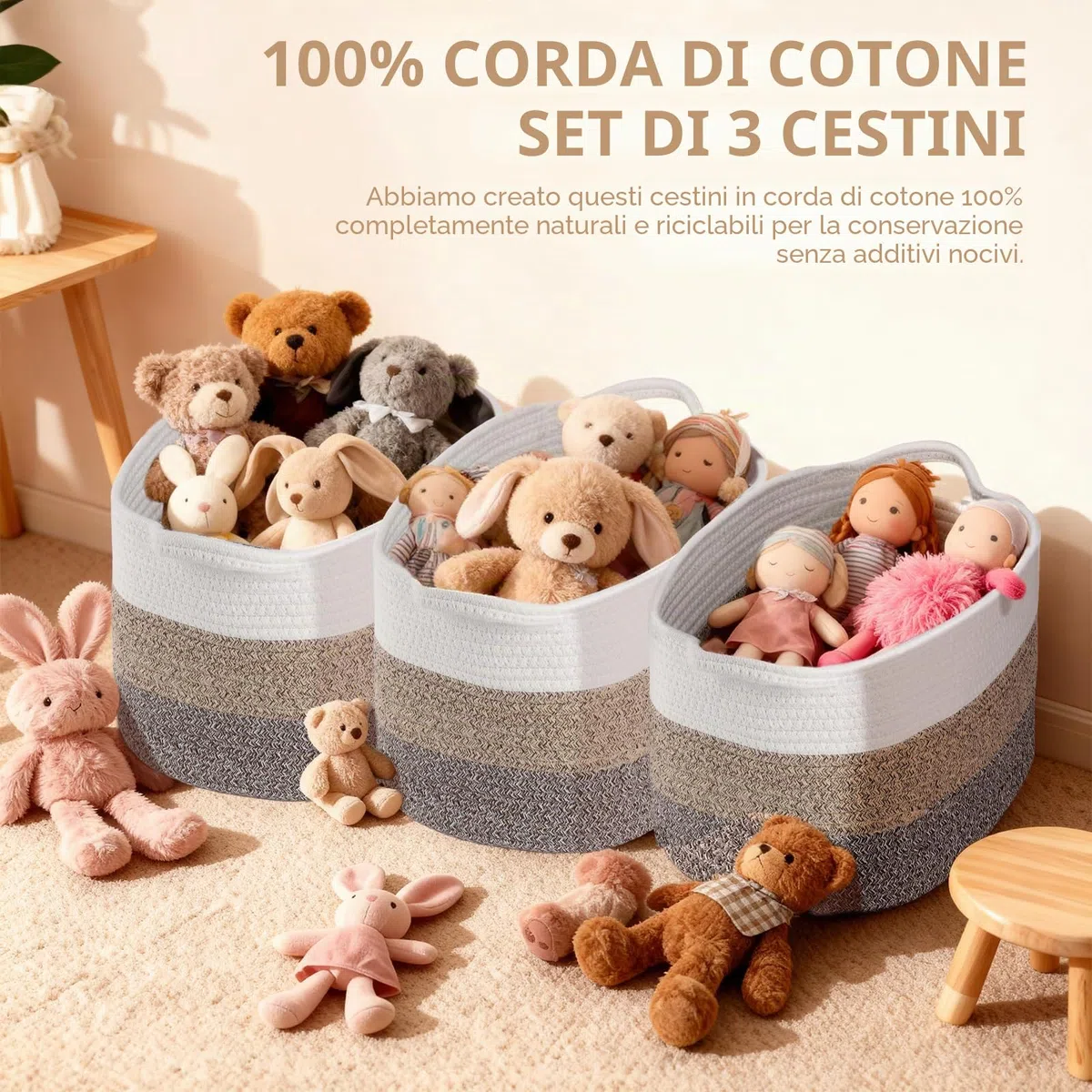 AOFANGSHIYE3 cesti di stoccaggio, corda di cotone per bambini cesto regalo, giocattoli per bambini cesto di stoccaggio(bianco marrone)