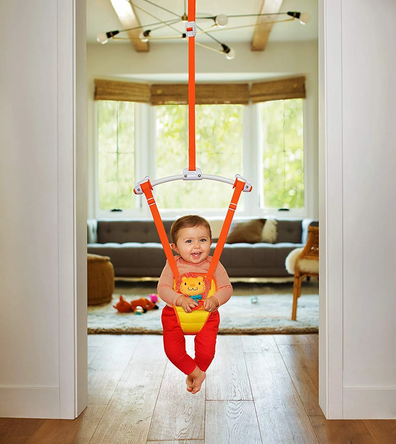Munchkin Bounce & Play Saltatore per bebé da montare sulla cornice della porta, Altalena regolabile da porta per bambini, Seduta imbottita con anelli per dentizione e naso sonoro