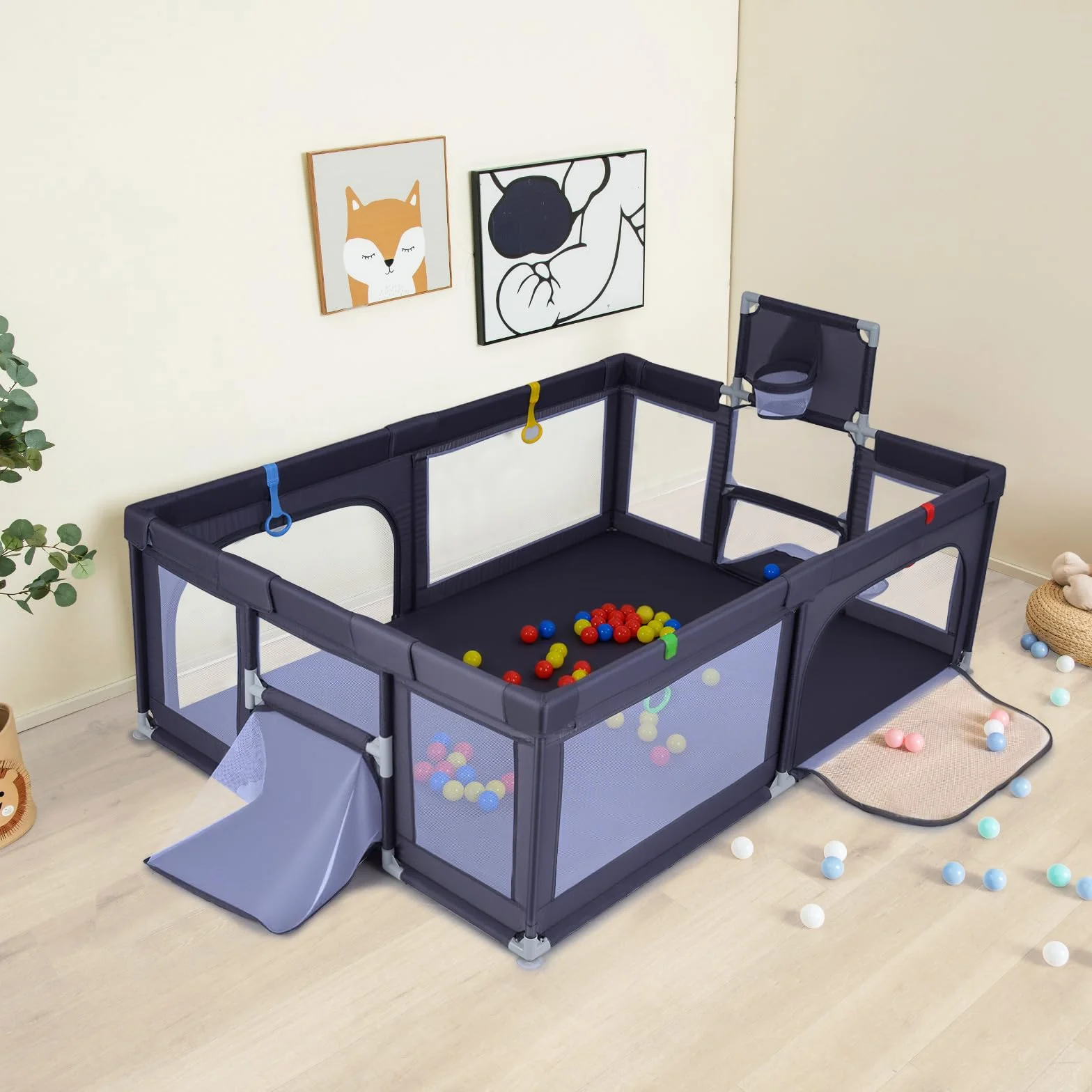 COSTWAY Box Neonati 210x150 cm Recinto Bambini Pieghevole con Canestro Basket 2 Porte Calcio Parco Giochi 50 Palline 4 Anelli Borsa Trasporto Grigio Scuro
