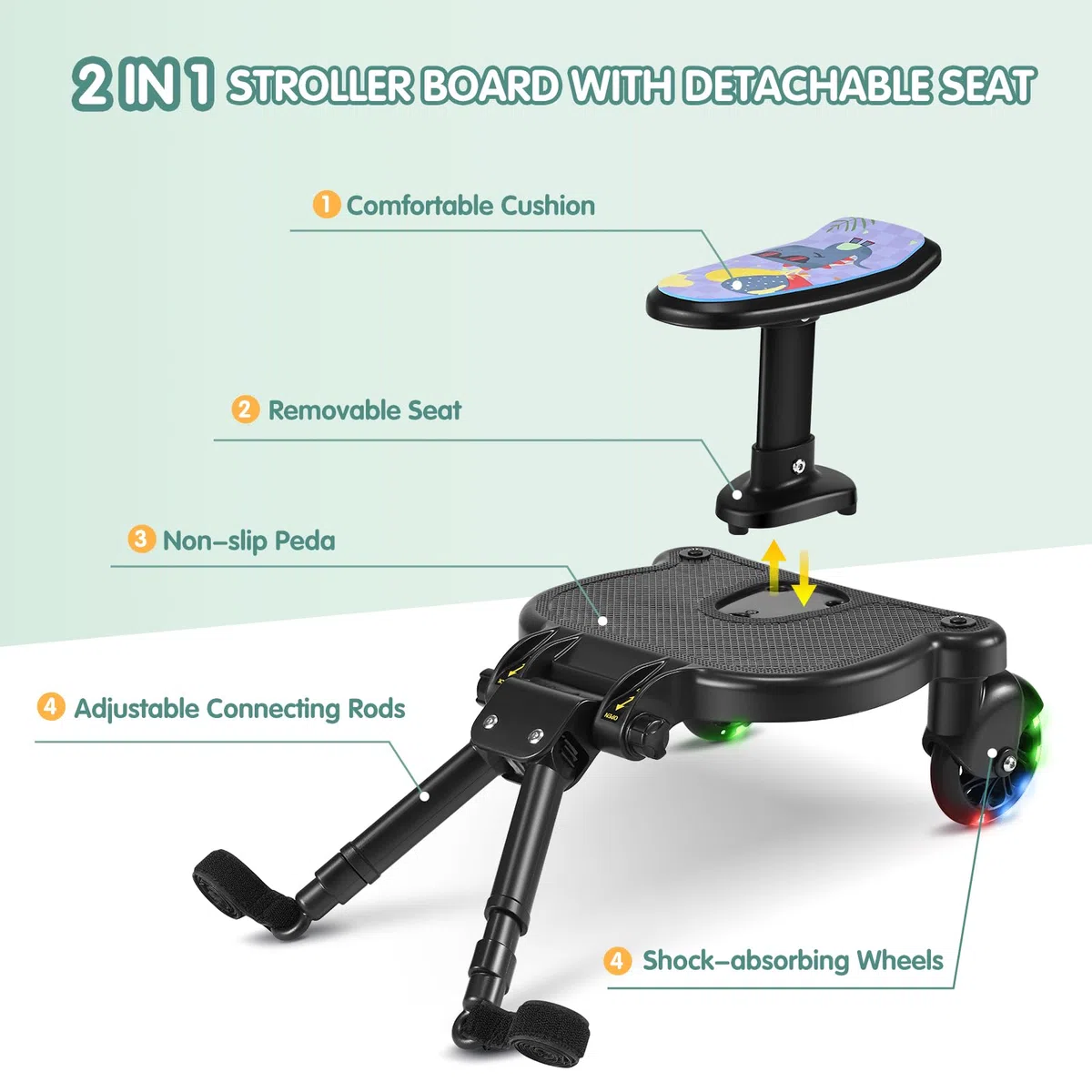 Pedana Passeggino Universale con Ruote a LED, Tavolette Portatili con Sellino per Passeggini Adatto al 99% dei passeggini, Accessorio per Passeggino per Bambini di 2-6 Anni 25 kg, Nero