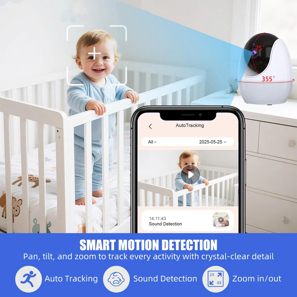 Baby monitor WiFi con fotocamera e audio, baby monitor portatile da 4,3 pollici 1080p HD, luce notturna, visione notturna, sensore di temperatura, portata di 300 m, conversazione a 2 vie, 8