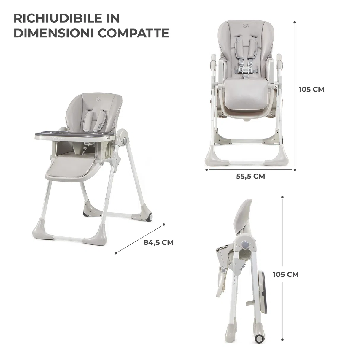Kinderkraft YUMMY Seggiolone Pappa, Regolabile, Pieghevole, Ripiano Smontabile, per Bambini da 6 Mesi fino a 3 Anni, Grigio