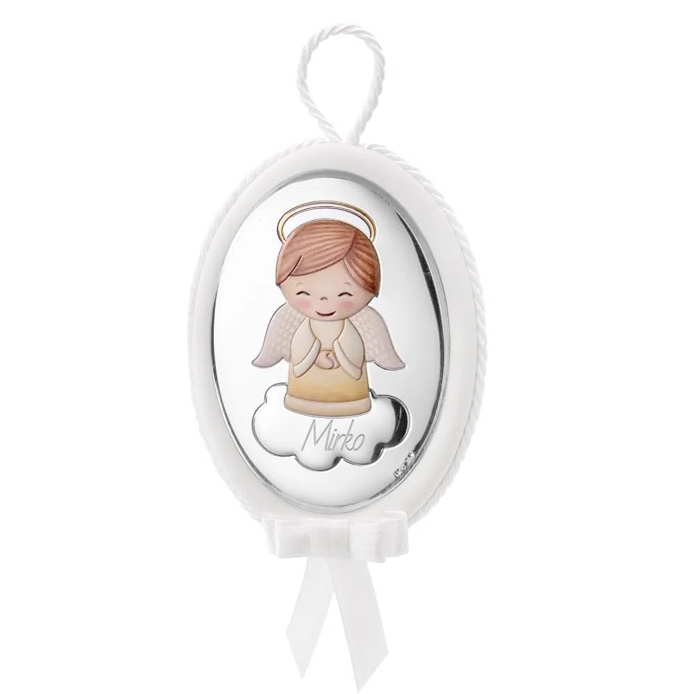 Medaglione Musicale Capoculla Sopraculla Ovale con Angelo in Argento Smaltato, Personalizzabile con Incisione del Nome, Idea Regalo per la Nascita da appendere alla culla del neonato