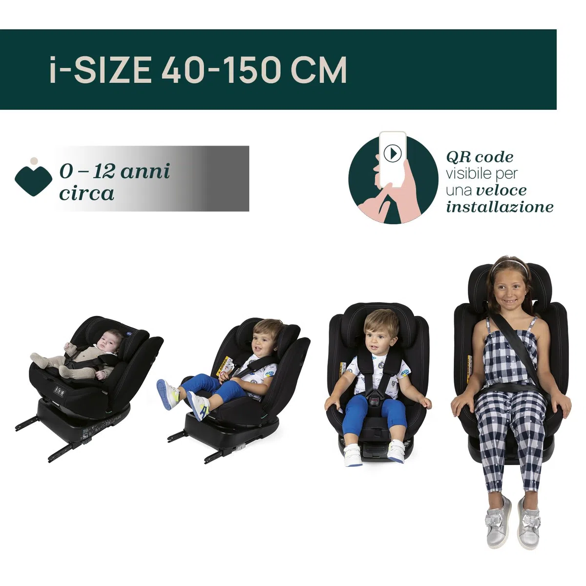 Chicco Unico Evo I-Size, Seggiolino Auto 0-36 Kg, omologato ECE R129/03, Isofix Girevole A 360° E Reclinabile, Gruppo 0+/1/2/3 Da 0 A 12 Anni
