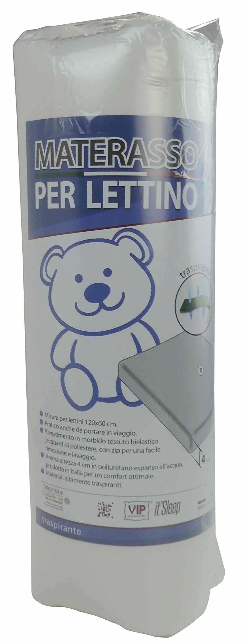 Casatessile Materasso per Lettino - Ideale per Viaggi, da Campeggio, è Sfoderabile e certificato OEKO-TEX Prodotto in Italia - 60x120x4 cm
