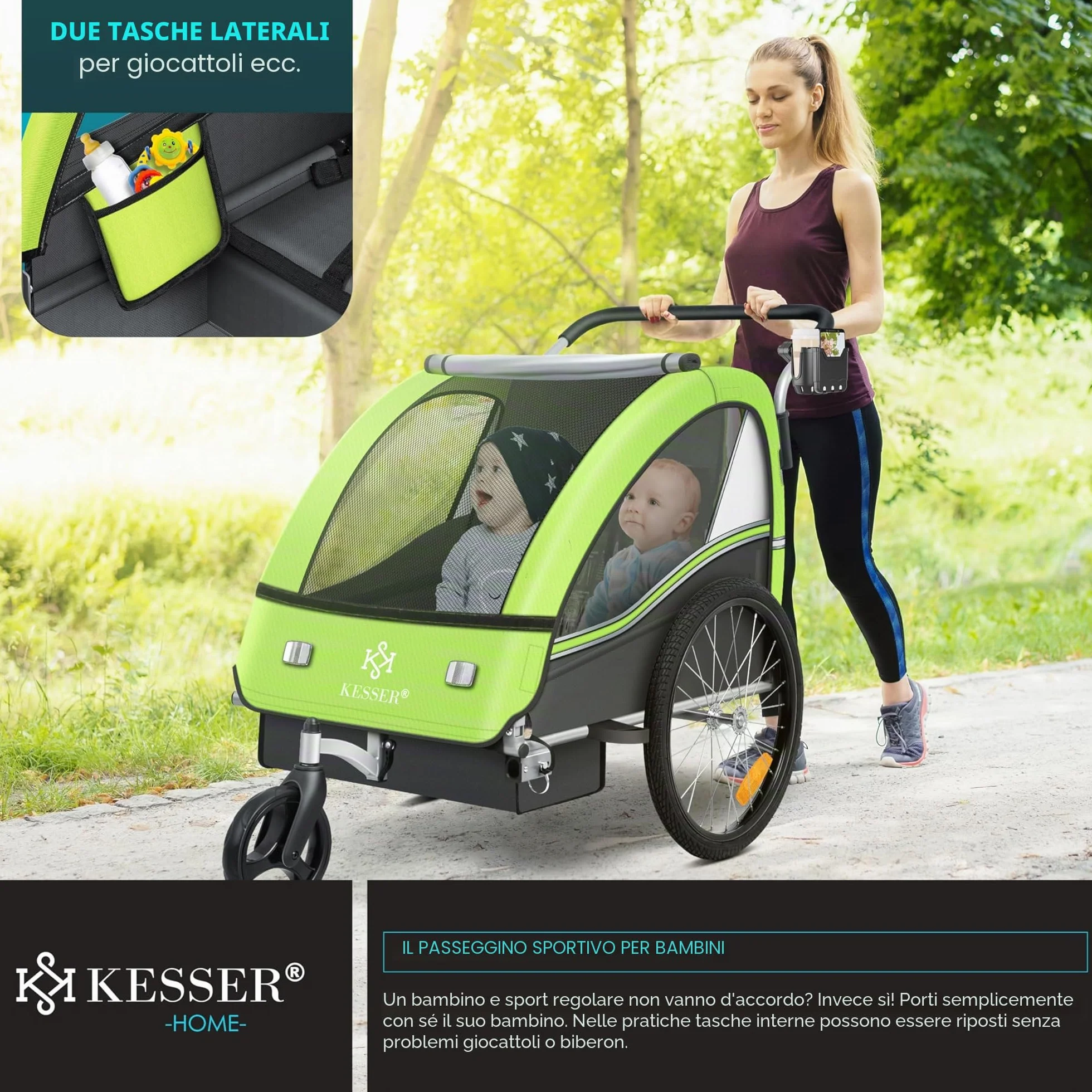 KESSER® Rimorchio per bambini da bicicletta Sport-RX 2 in 1 funzione jogging cintura di sicurezza a 5 punti ruota anteriore girevole 360°