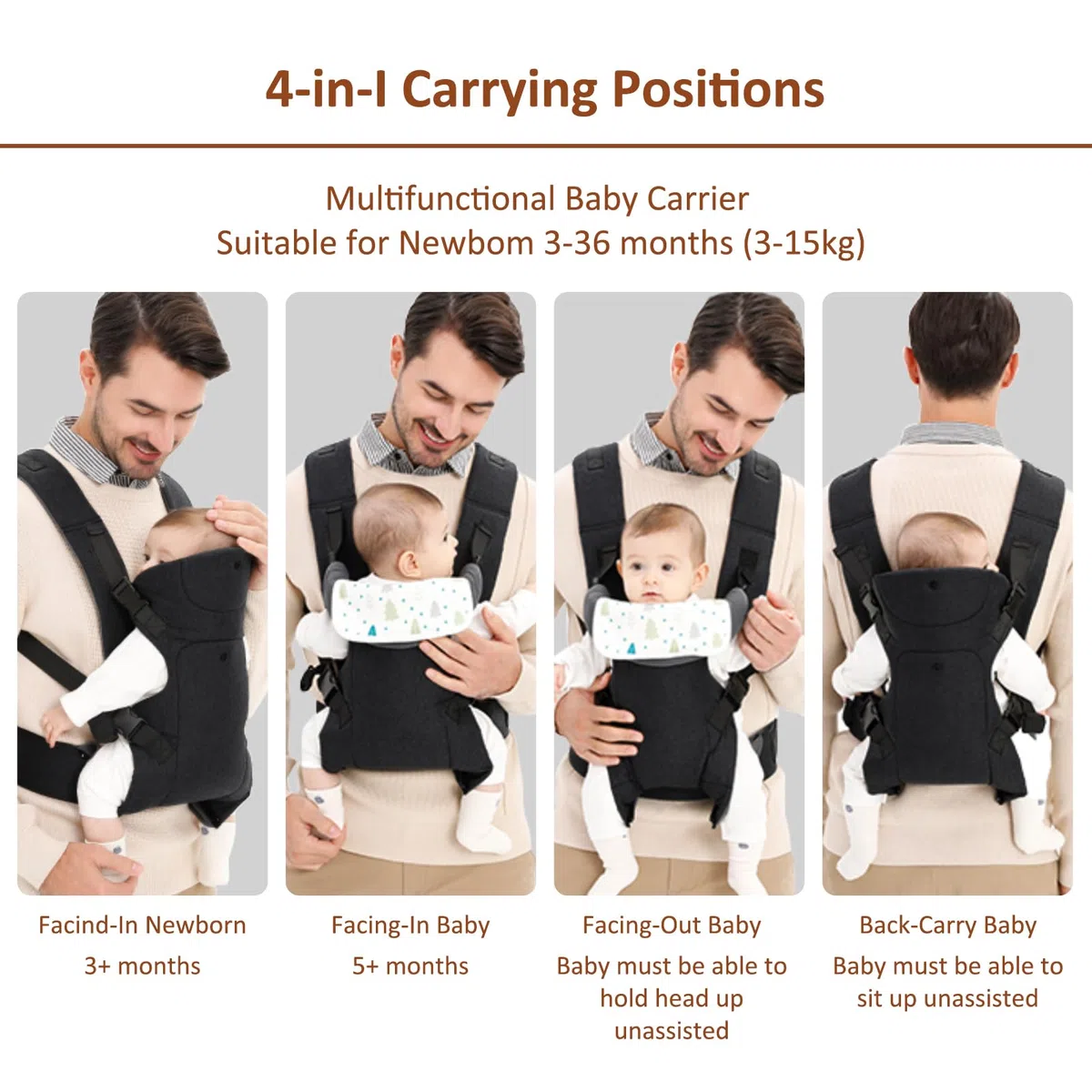 IULONEE Marsupio per Neonati Ergonomico Porta Bebè Portaneonati con Bavaglini Staccabili Baby Carrier Carry Porta bambini 3-36 Mese (3-15kg) (Nero)