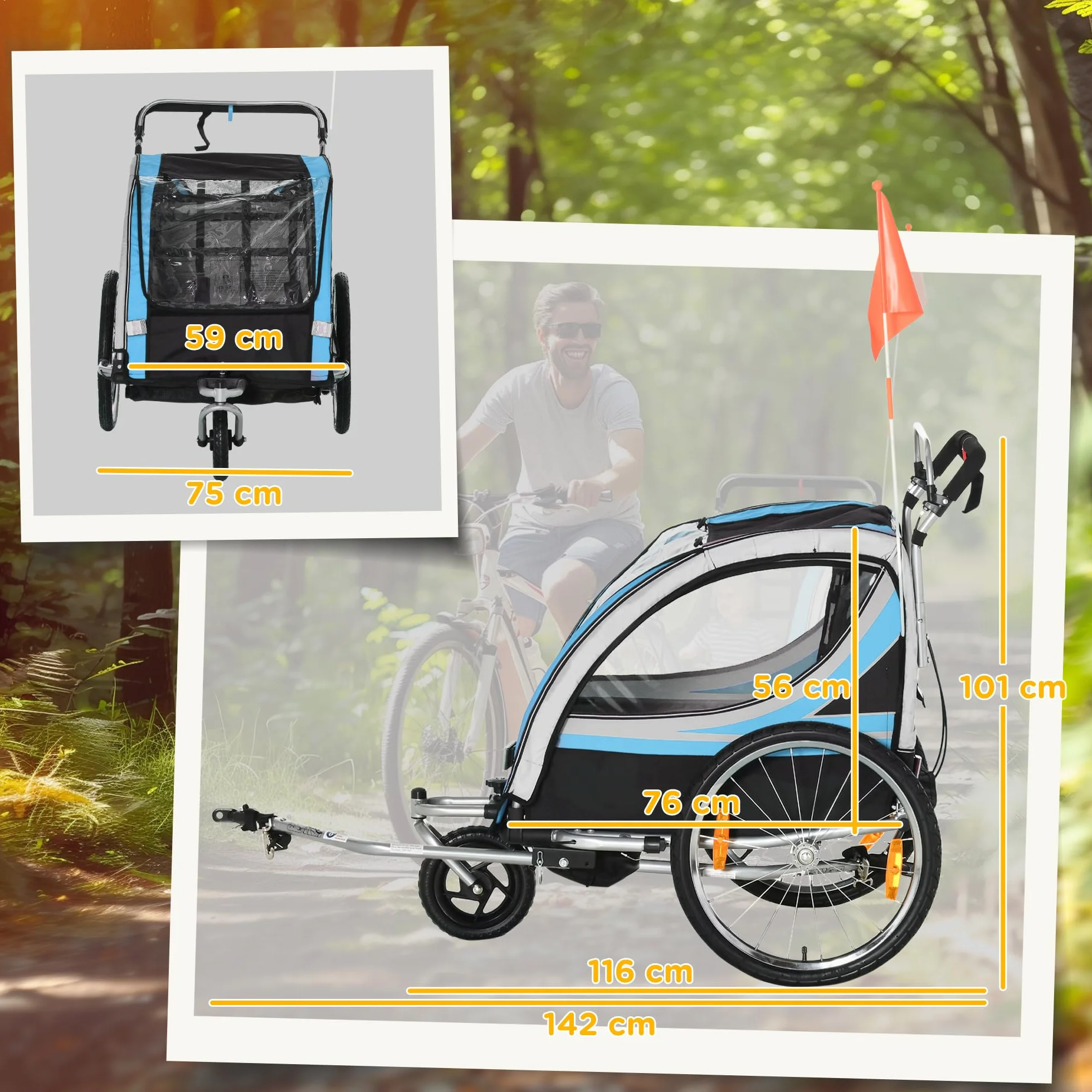 HOMCOM Rimorchio Bici per Bambini 2 in 1 Passeggino con Freno, Cintura a 5 Punti