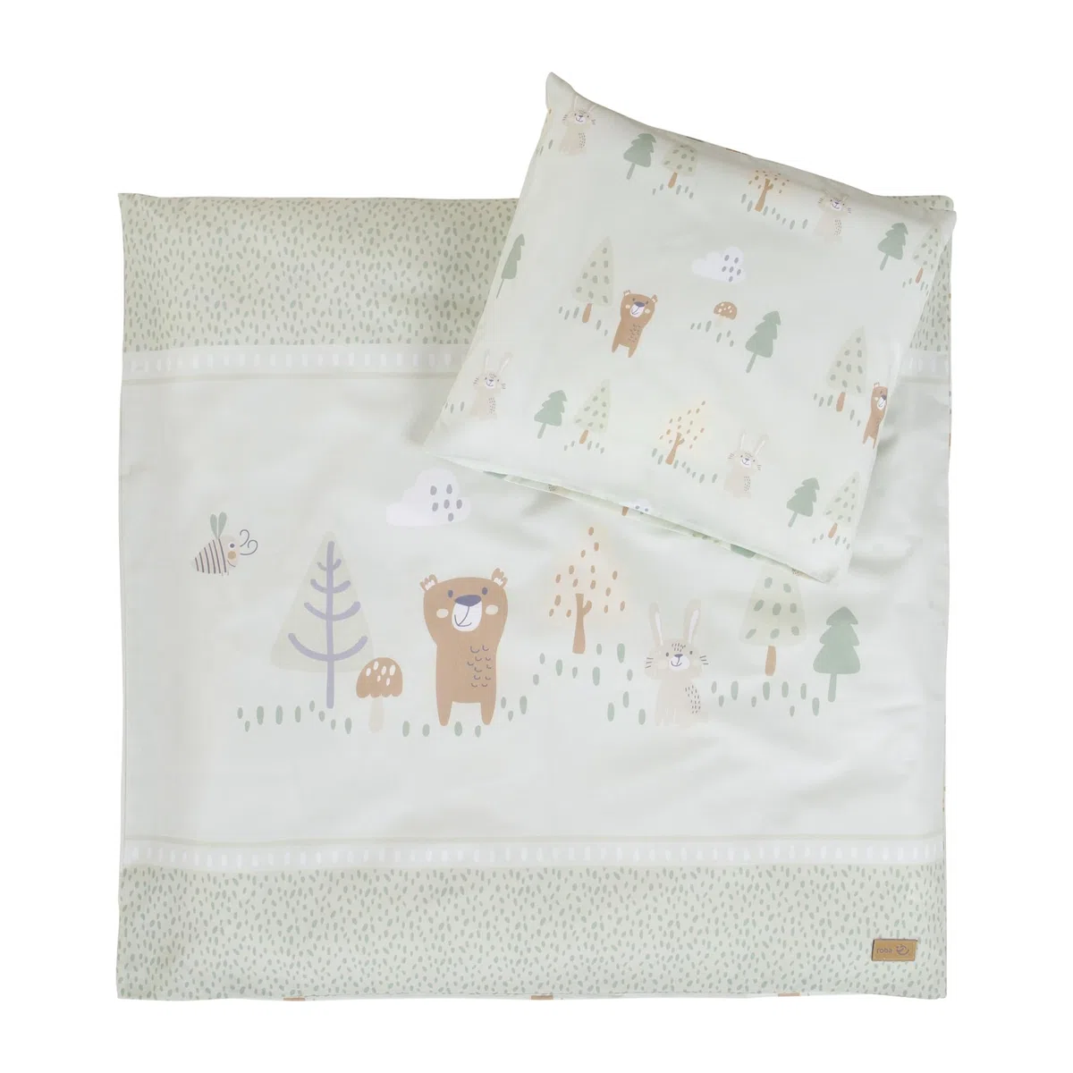 roba Biancheria per Culla Woodland Buddies - Piumino 80 x 80 cm + Federa 35 x 40 cm - Cotone Morbido - Verde Pastello con Orso, Coniglio & Ape