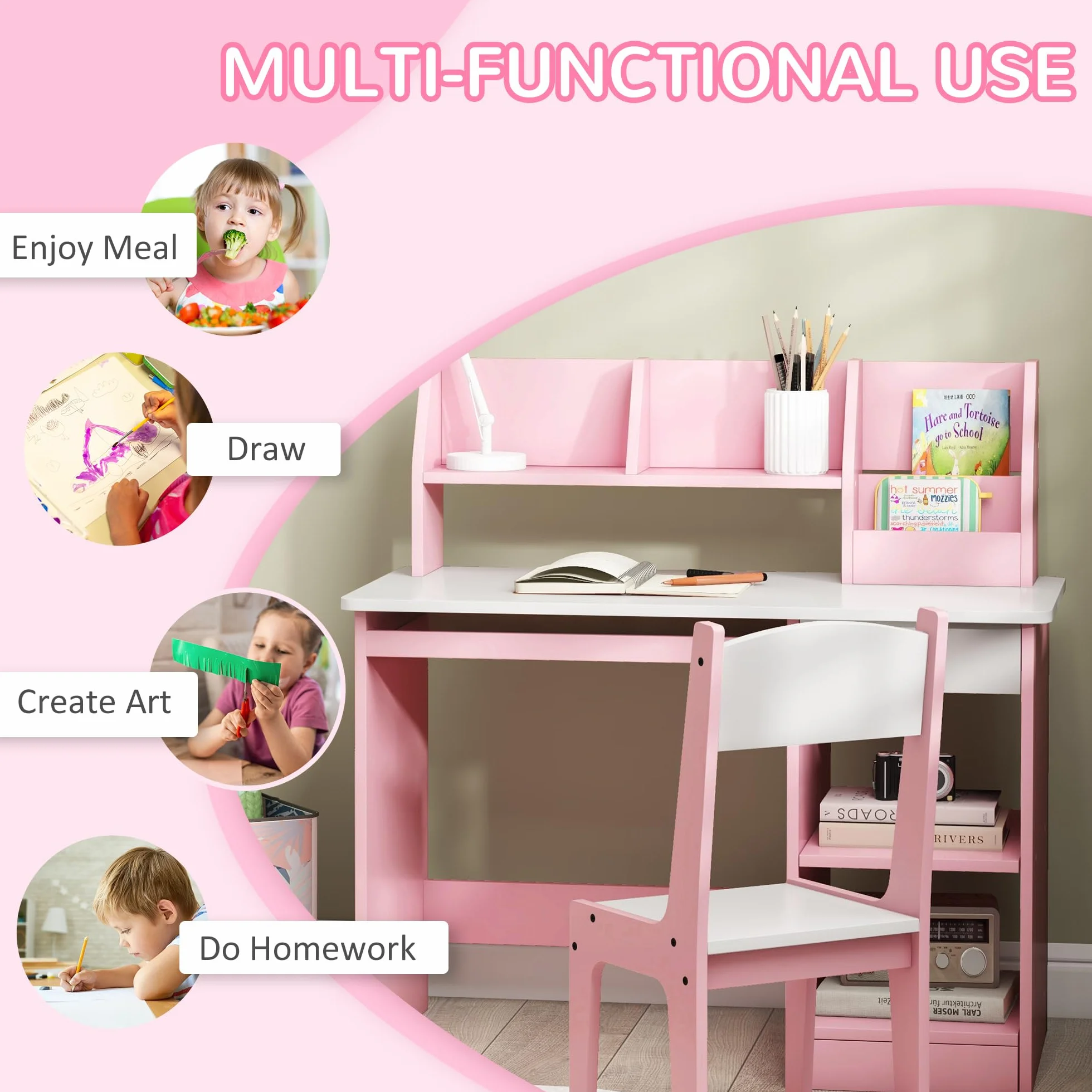 ZONEKIZ Set di scrivania e sedia per bambini 2 pezzi con cassetto per tastiera, rosa