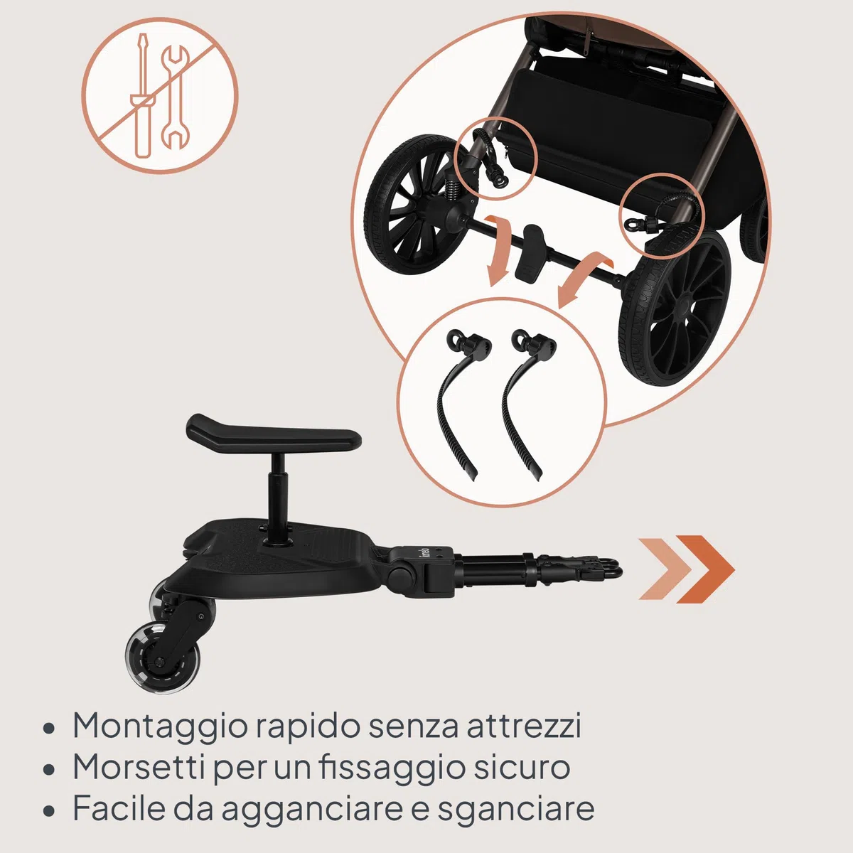 LIONELO Pedana Passeggino BUGGY BOARD con Seduta staccabile, Pedana Universale, per Bambini da 2 a 5 anni, Portata 25 kg, Ammortizzazione, Montaggio Universale, Ruote a LED, Pedane mobili