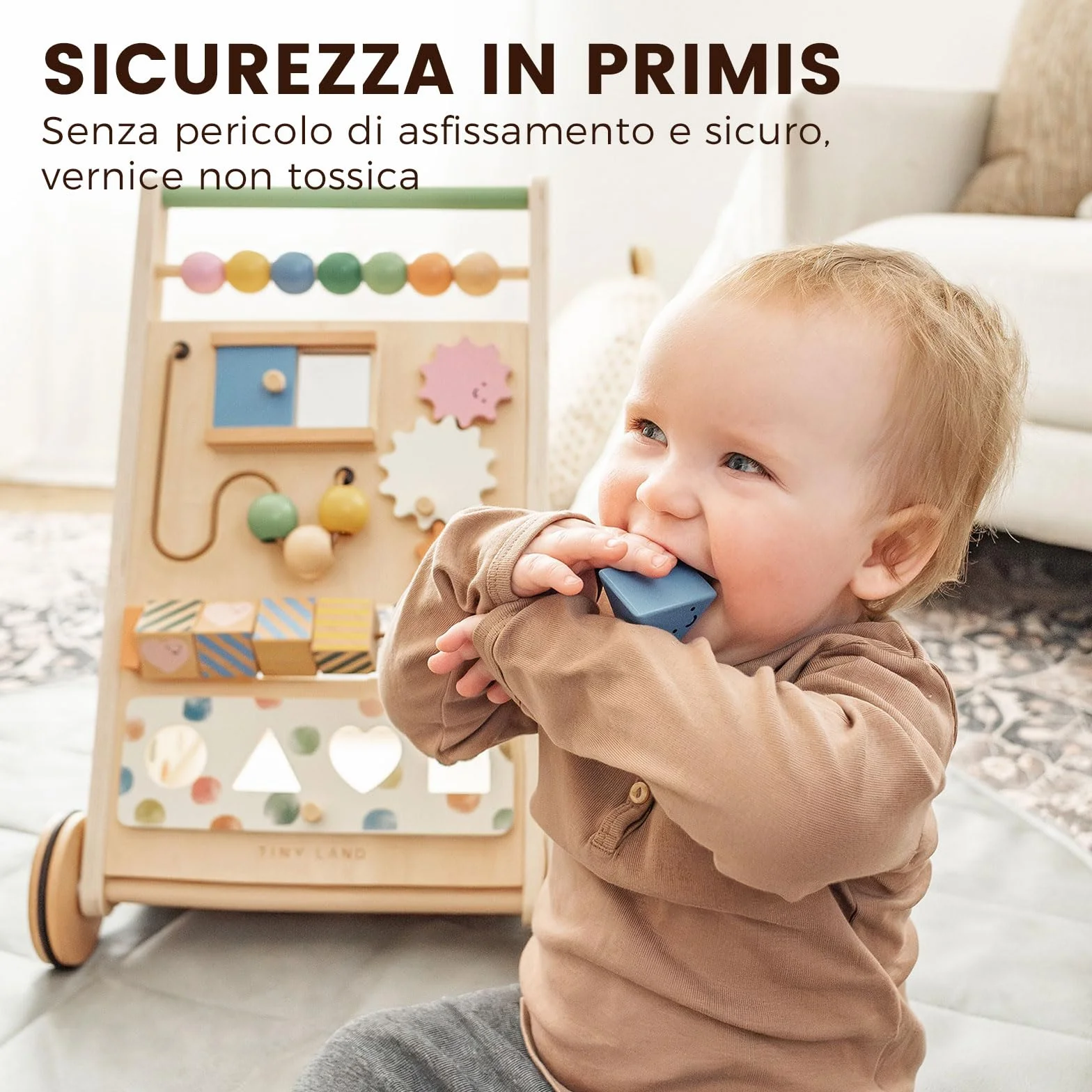 Tiny Land girello in legno, Set Baby Walker, ausilio per imparare a camminare con velocità regolabile per bambini e bambine, ausilio per camminare e centro attività per bambini