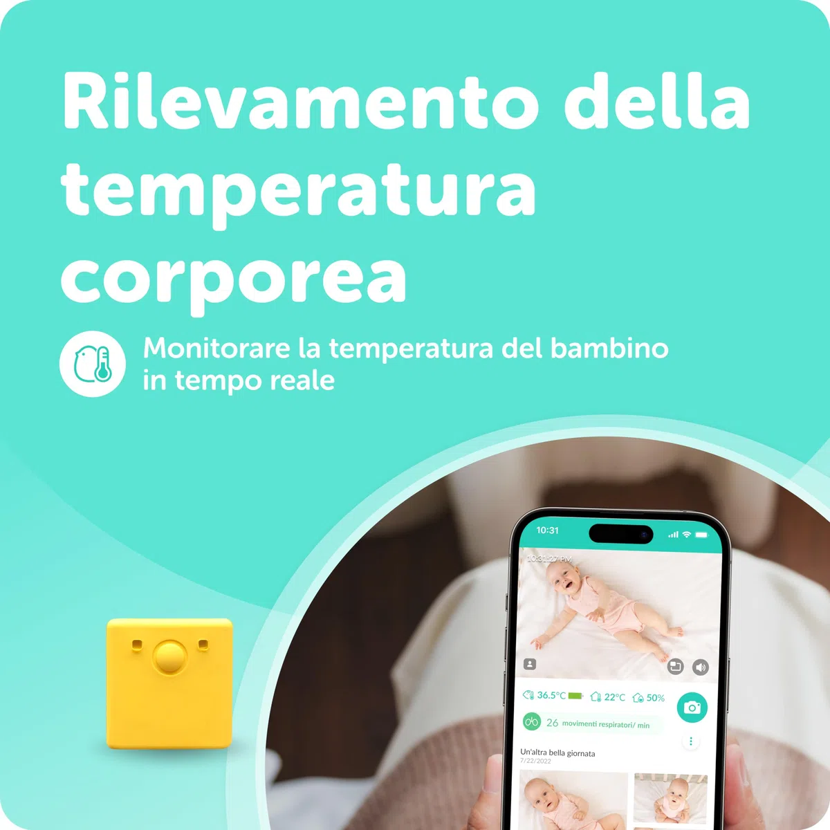 Temperatura intelligente CuboAi | Sensore termico di grado medico per monitorare continuamente la temperatura del bambino | Termometro ascellare indossabile | Deve essere abbinato Baby Monitor CuboAi